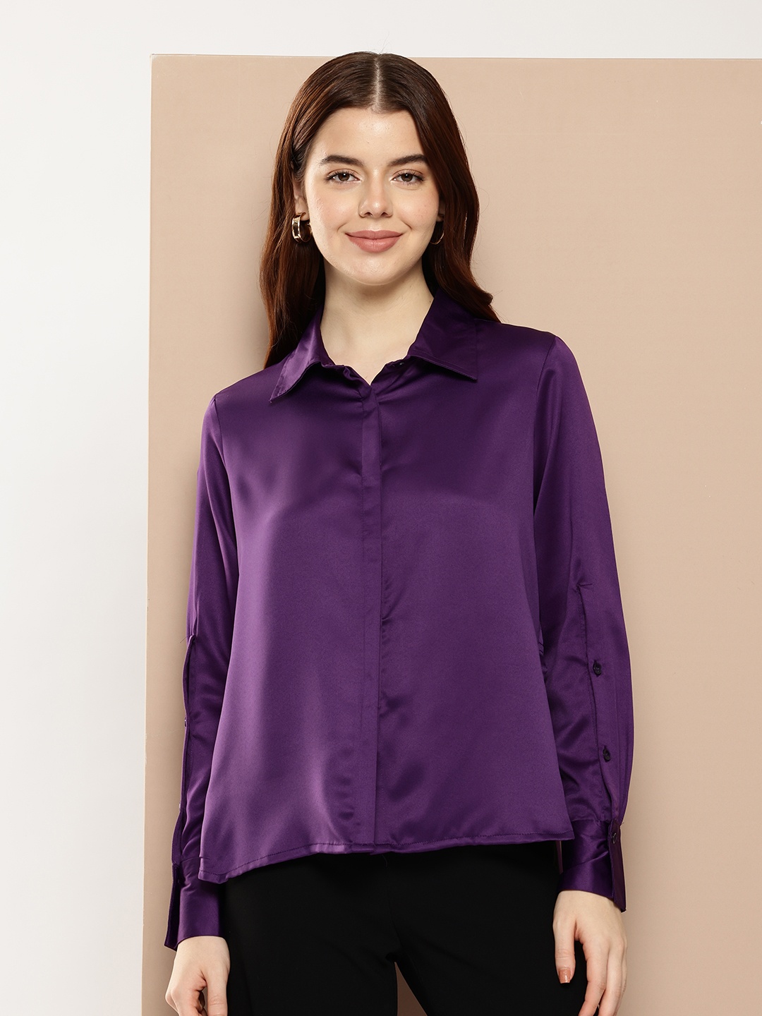 

her by invictus Satin Finish Opaque Casual Shirt, Purple