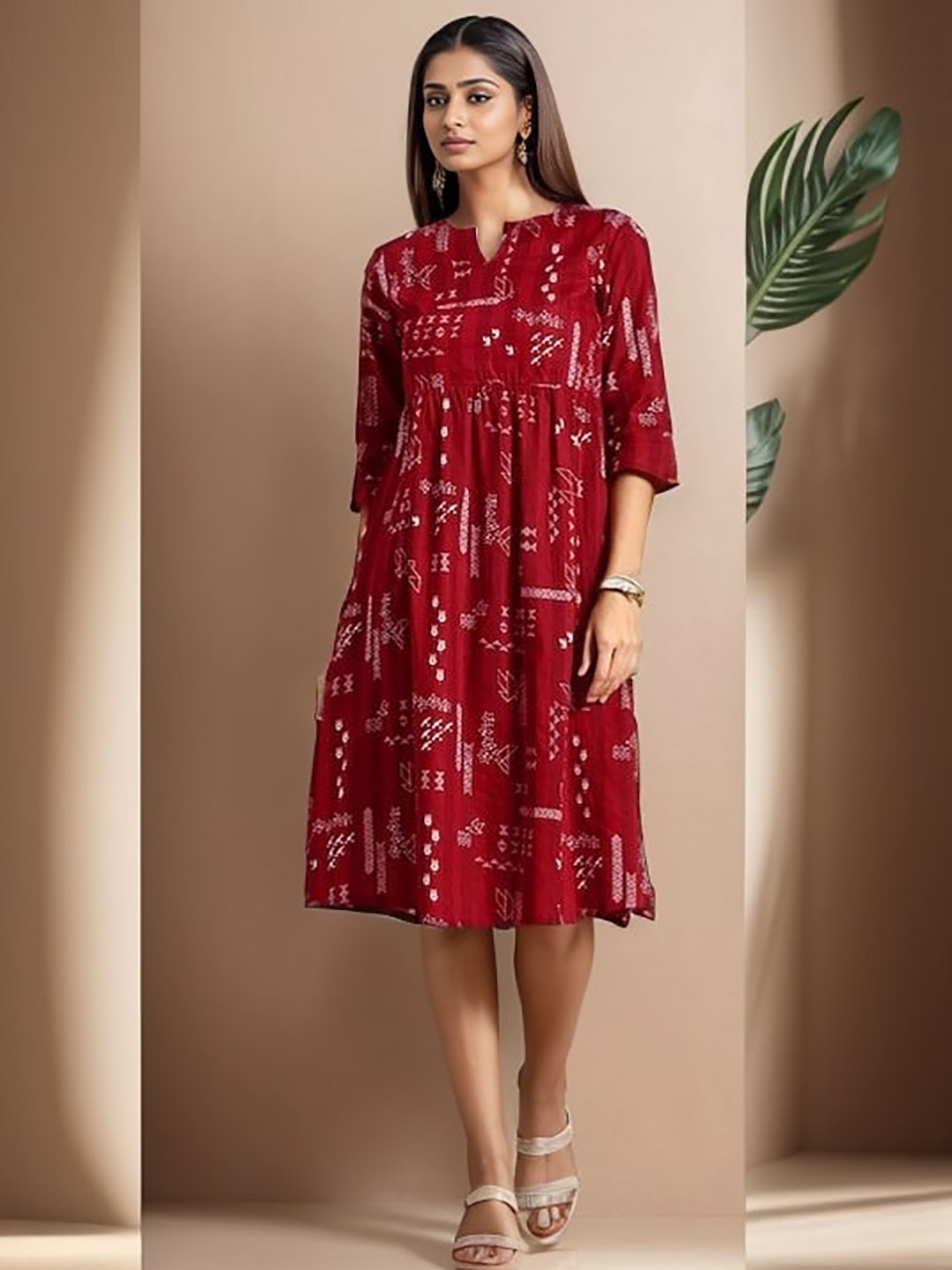 

kipek Maroon Ethnic Motifs Printed Pure Cotton A-Line Ethnic Dress