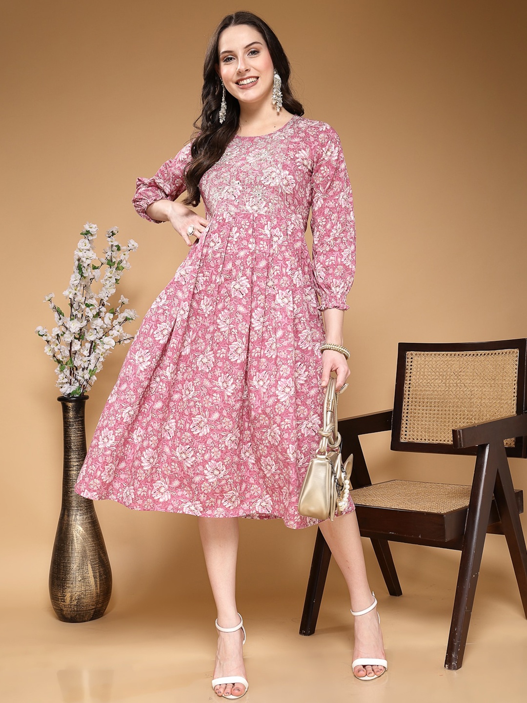 

LARGISH Floral Print Cotton Fit & Flare Midi Dress, Pink