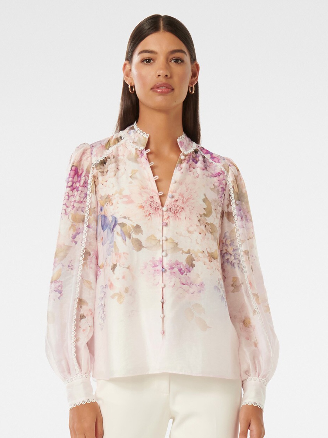

Forever New Floral Print Mandarin Collar Shirt Style Top, Pink