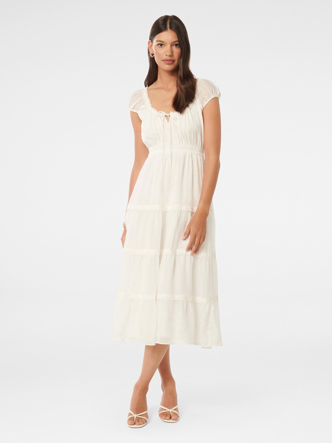 

Forever New Tie Up Neck Gathered Tiered Fit & Flare Dress, White