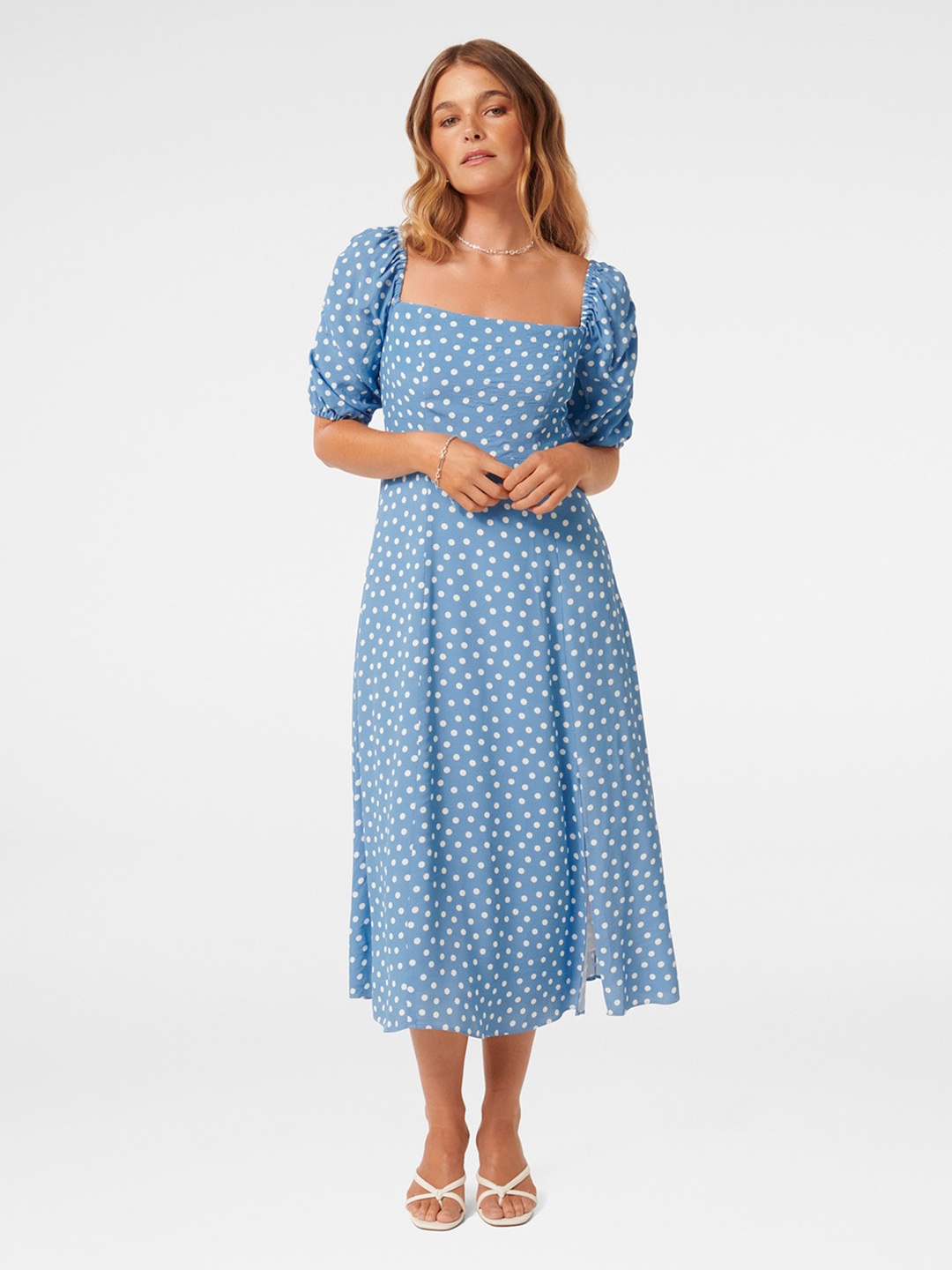 Forever New Polka Dot Printed Puff Sleeve Fit & Flare Midi Dress, Blue
