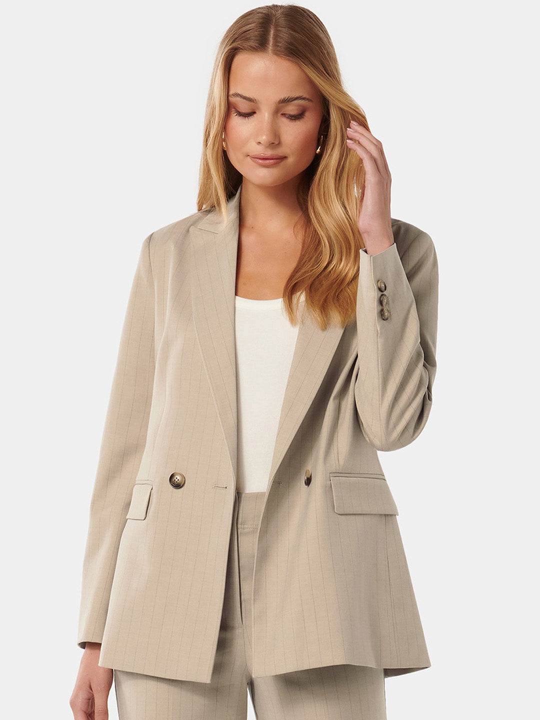 

Forever New Beige Tailored-Fit Striped Peaked Lapel Collar Double Breasted Formal Blazer