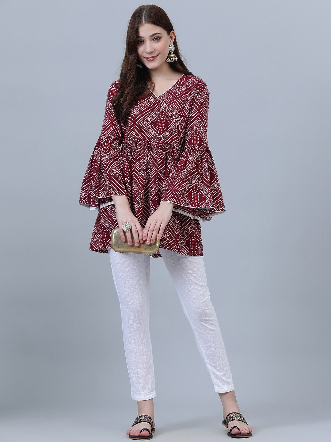 

SHOOLIN Ethnic Motifs Printed Bell Sleeves Angrakh Longline Top, Maroon