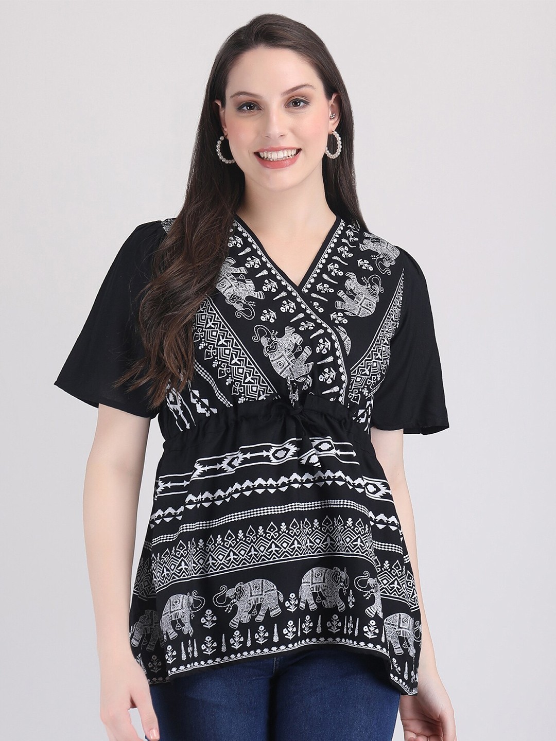 

ANUTTARA FASHIONS Ethnic Motifs Printed V-Neck Gathered Detailed Longline A-Line Top, Black