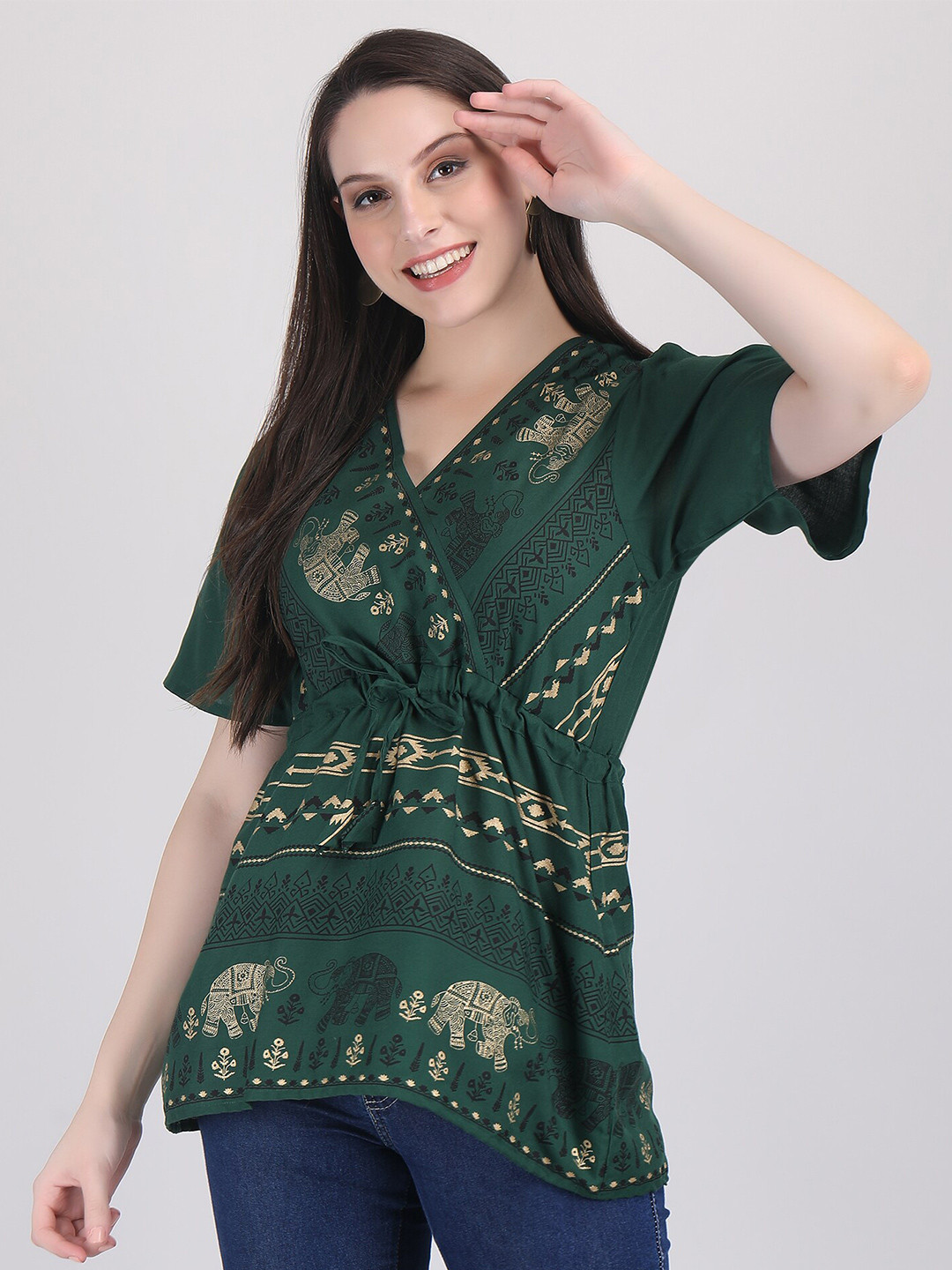 

ANUTTARA FASHIONS Ethnic Motifs Printed V-Neck Gathered Detailed Longline A-Line Top, Green