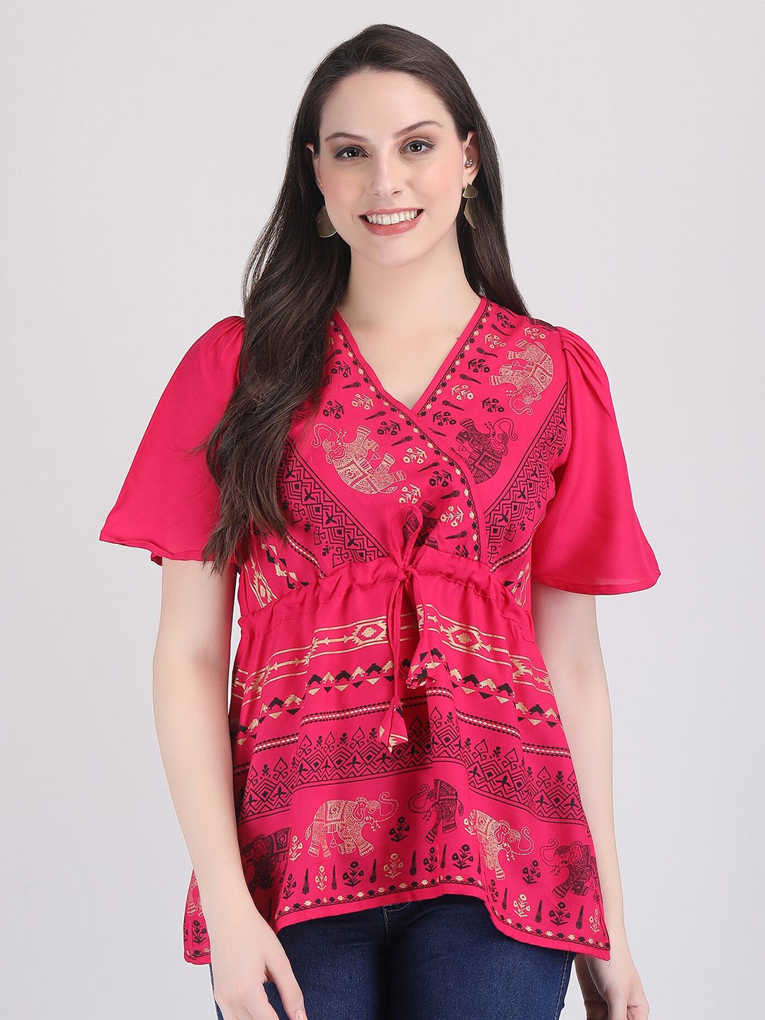 

ANUTTARA FASHIONS Ethnic Motifs Printed V-Neck Gathered Detailed Longline A-Line Top, Red