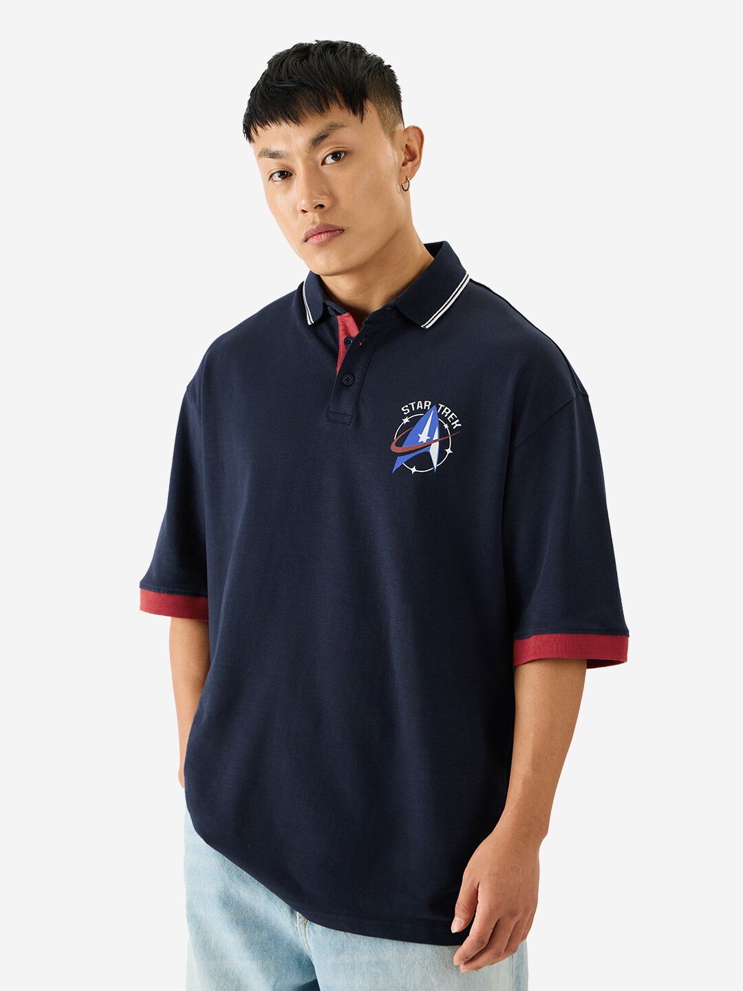 

The Souled Store Graphic Printed Polo Collar Oversized Cotton T-shirt, Navy blue
