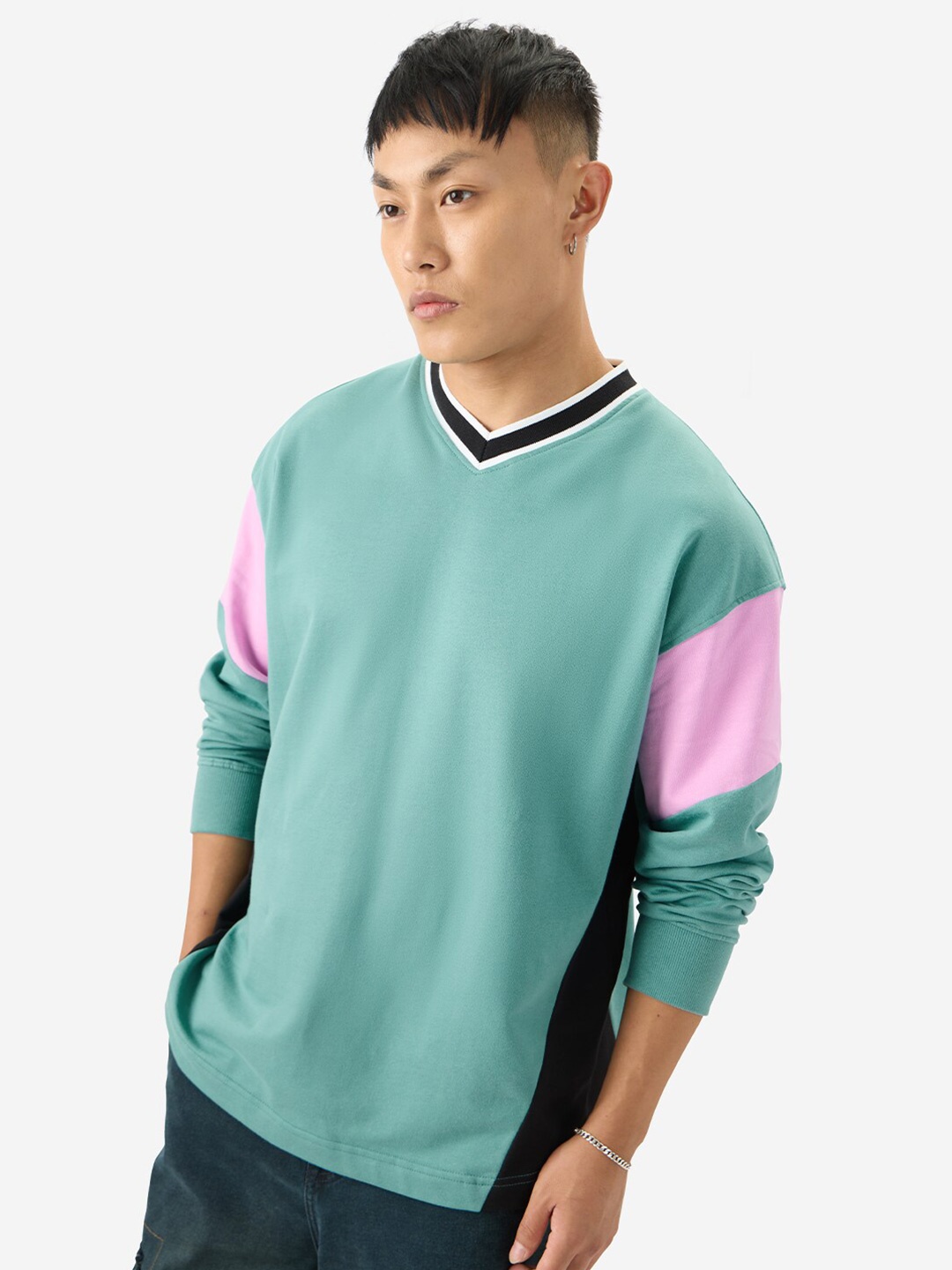 

The Souled Store V Neck Colourblocked Cotton T-shirt, Green