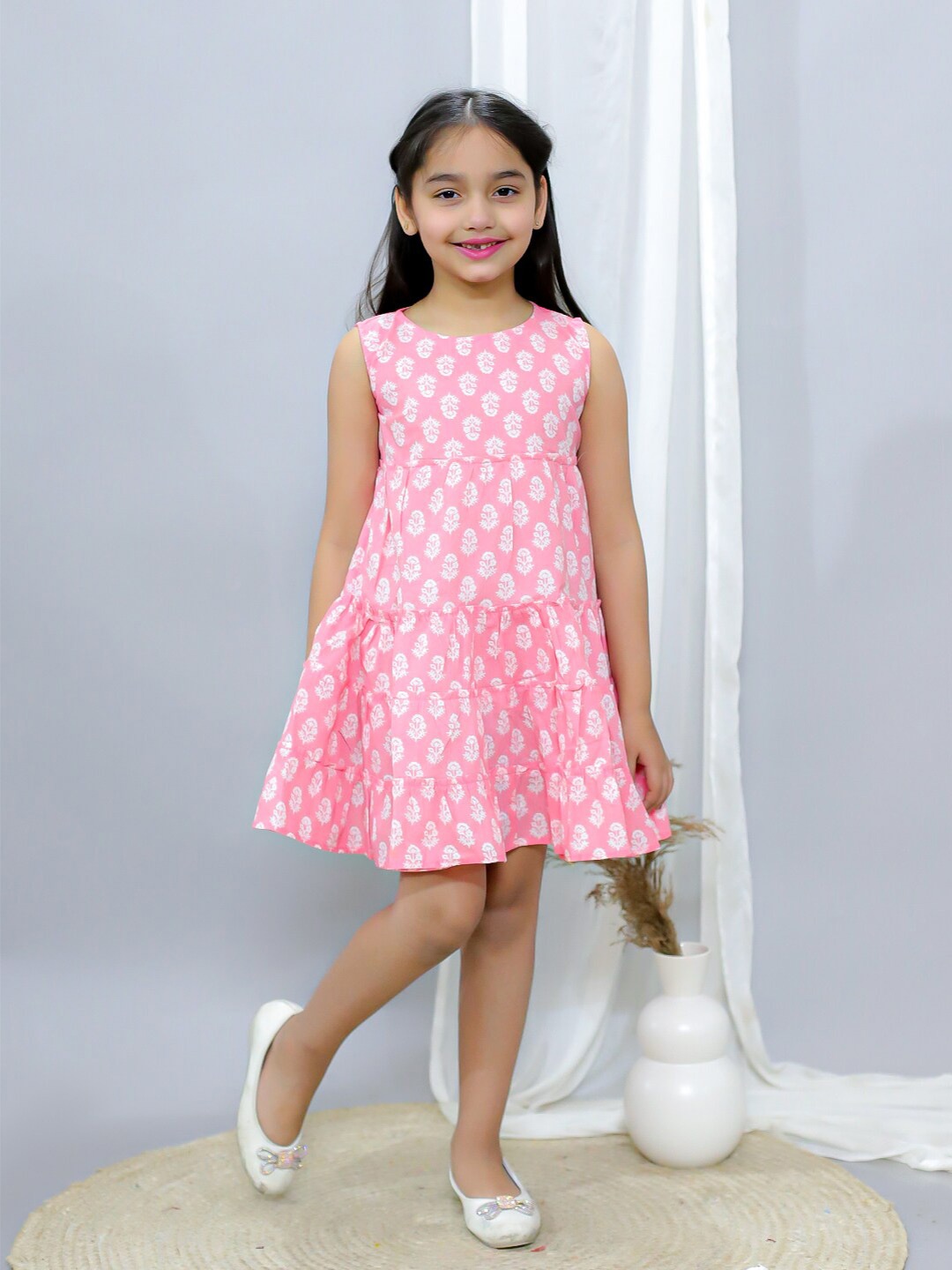 

Ka-mee Girls Floral Printed Pure Cotton Fit & Flare Dress, Pink