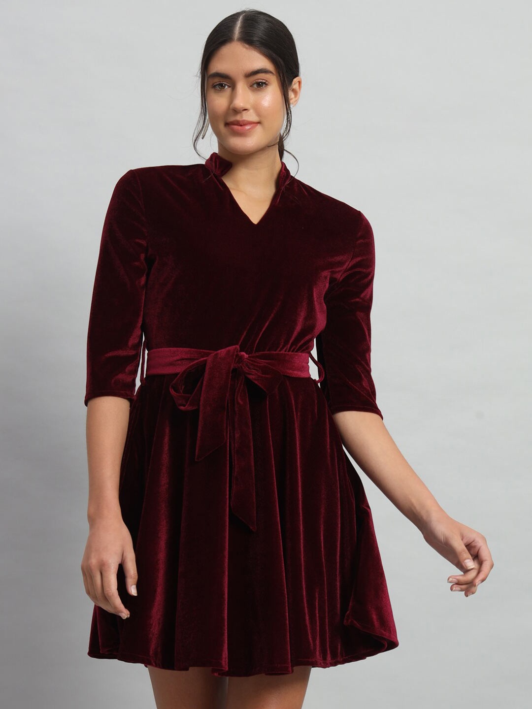 

VAARARO Mandarin Collar Velvet Fit & Flare Dress, Burgundy