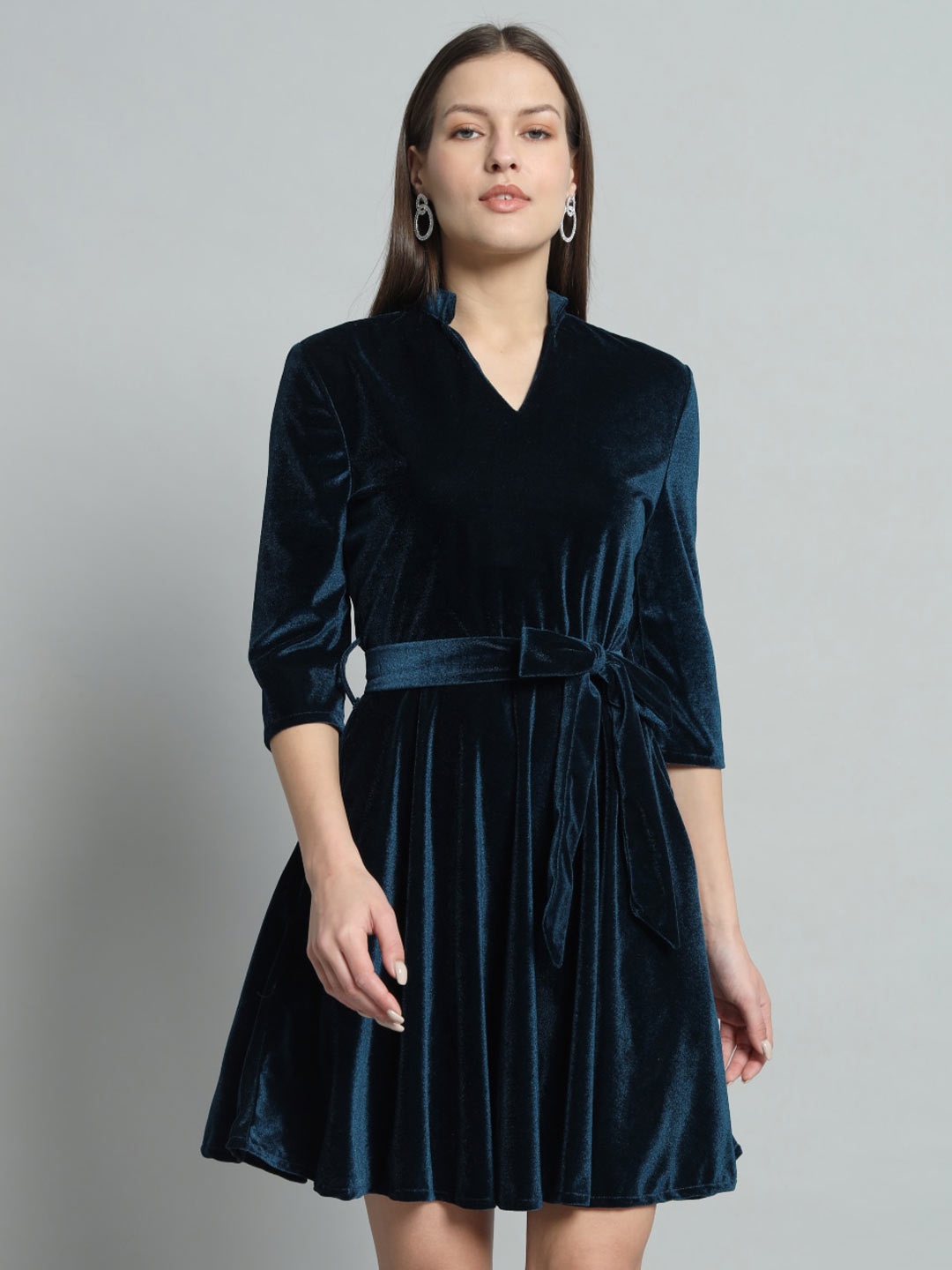 

VAARARO Tie-Ups Velvet Fit & Flare Dress, Blue