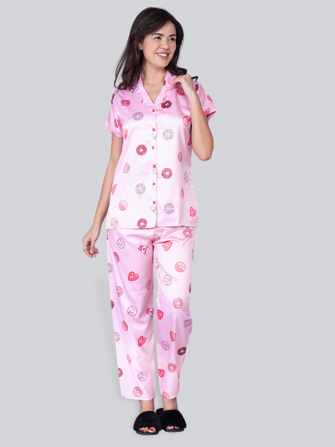 

THE DAILY OUTFITS Geometric Printed Lapel Collar Satin Night Suit, Pink
