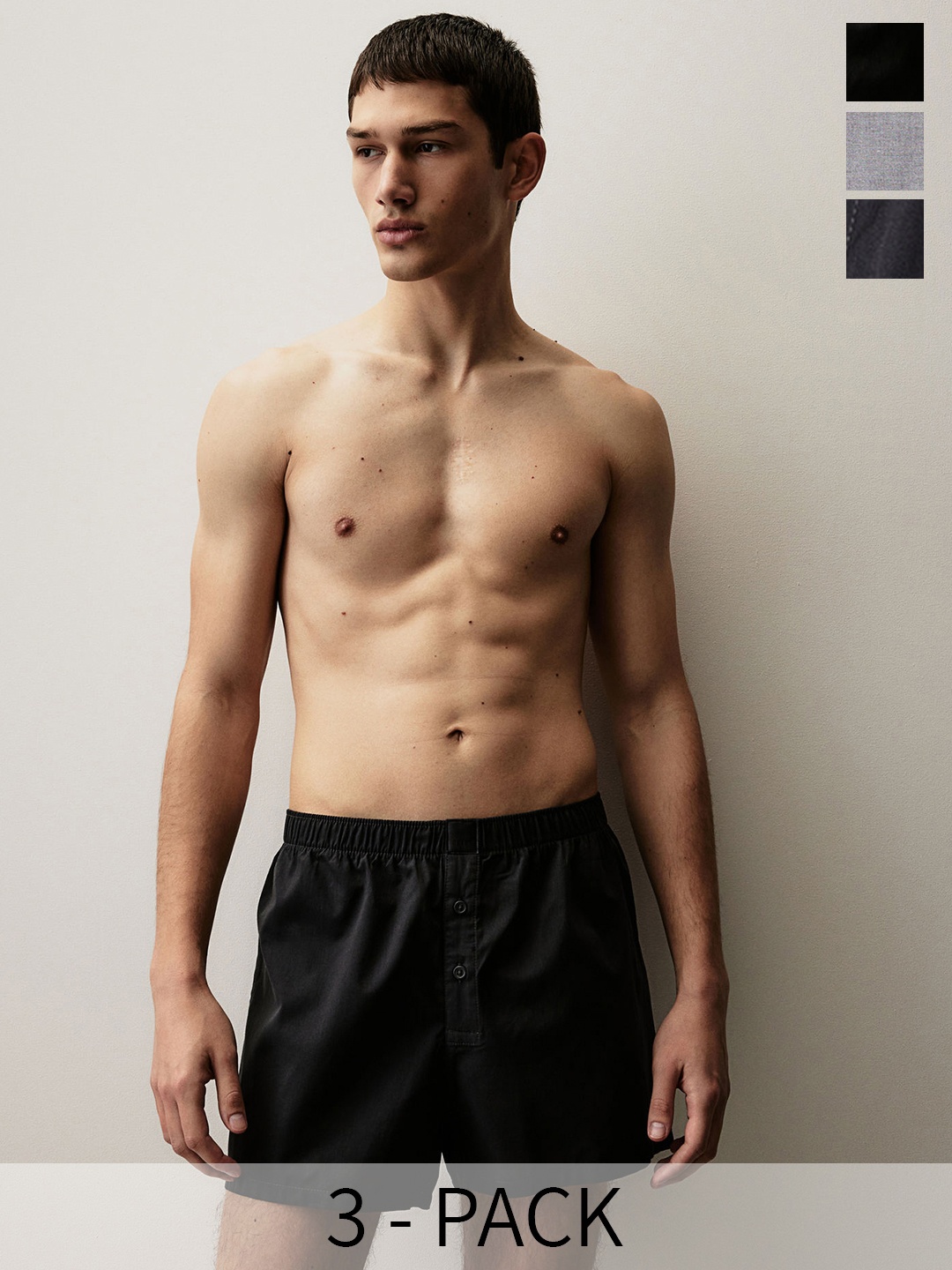 

H&M 3-Pack Woven Cotton Boxer Shorts, Grey