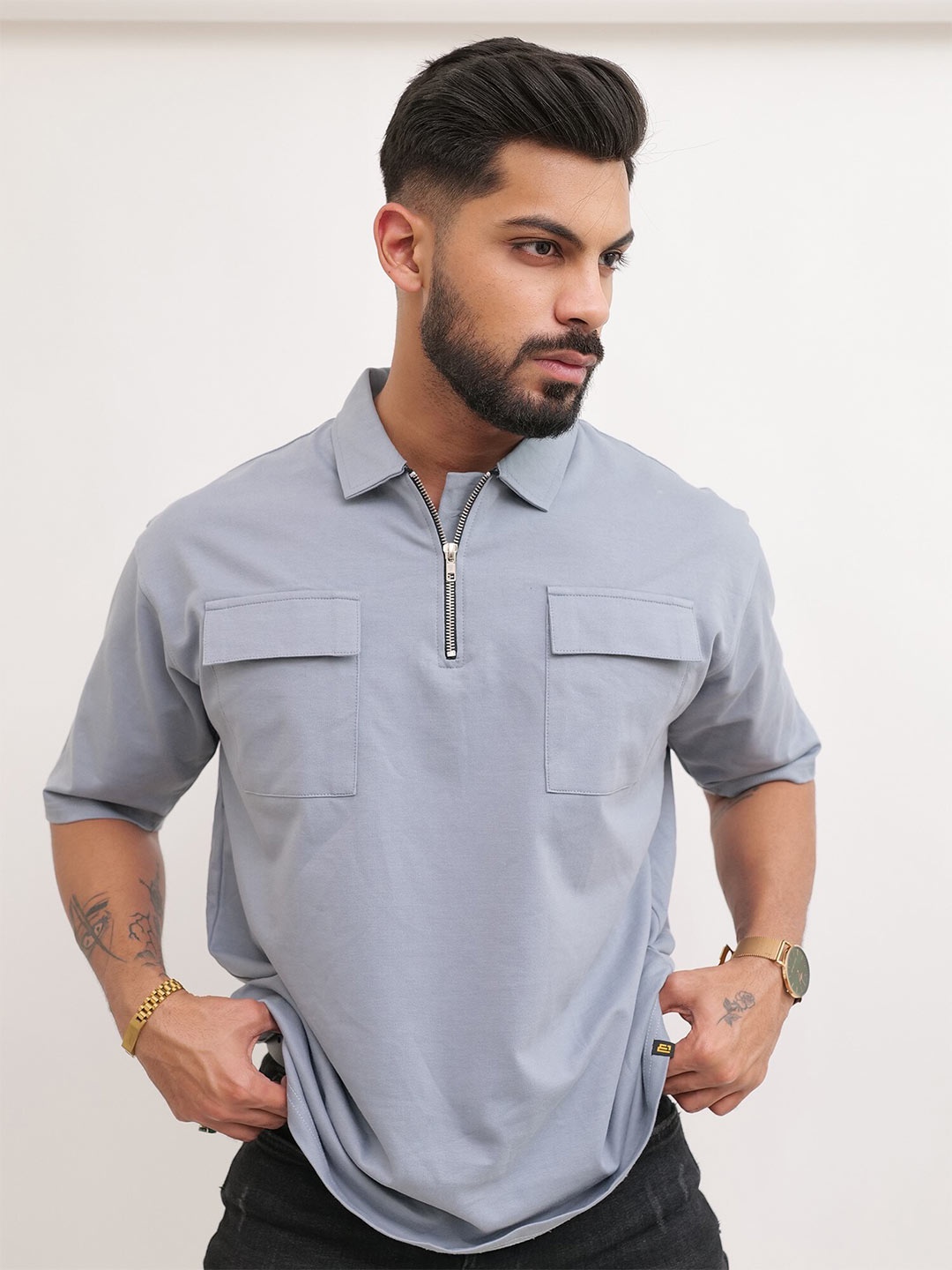 

Maniac Polo Collar Pockets Cotton T-shirt, Grey