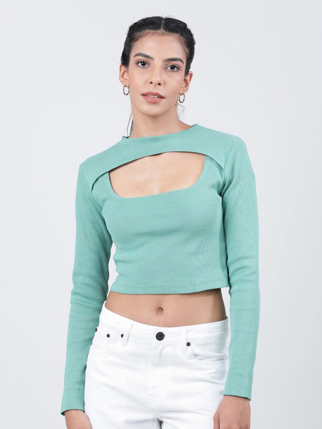 

Bene Kleed Long Sleeves Cut Out Ribbed Crop Top, Green