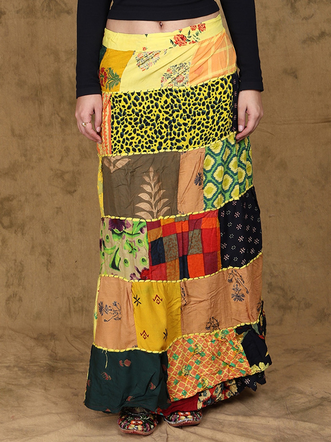 

Exotic India Patch Work Printed Boho Wrap-On Long Skirt, Yellow