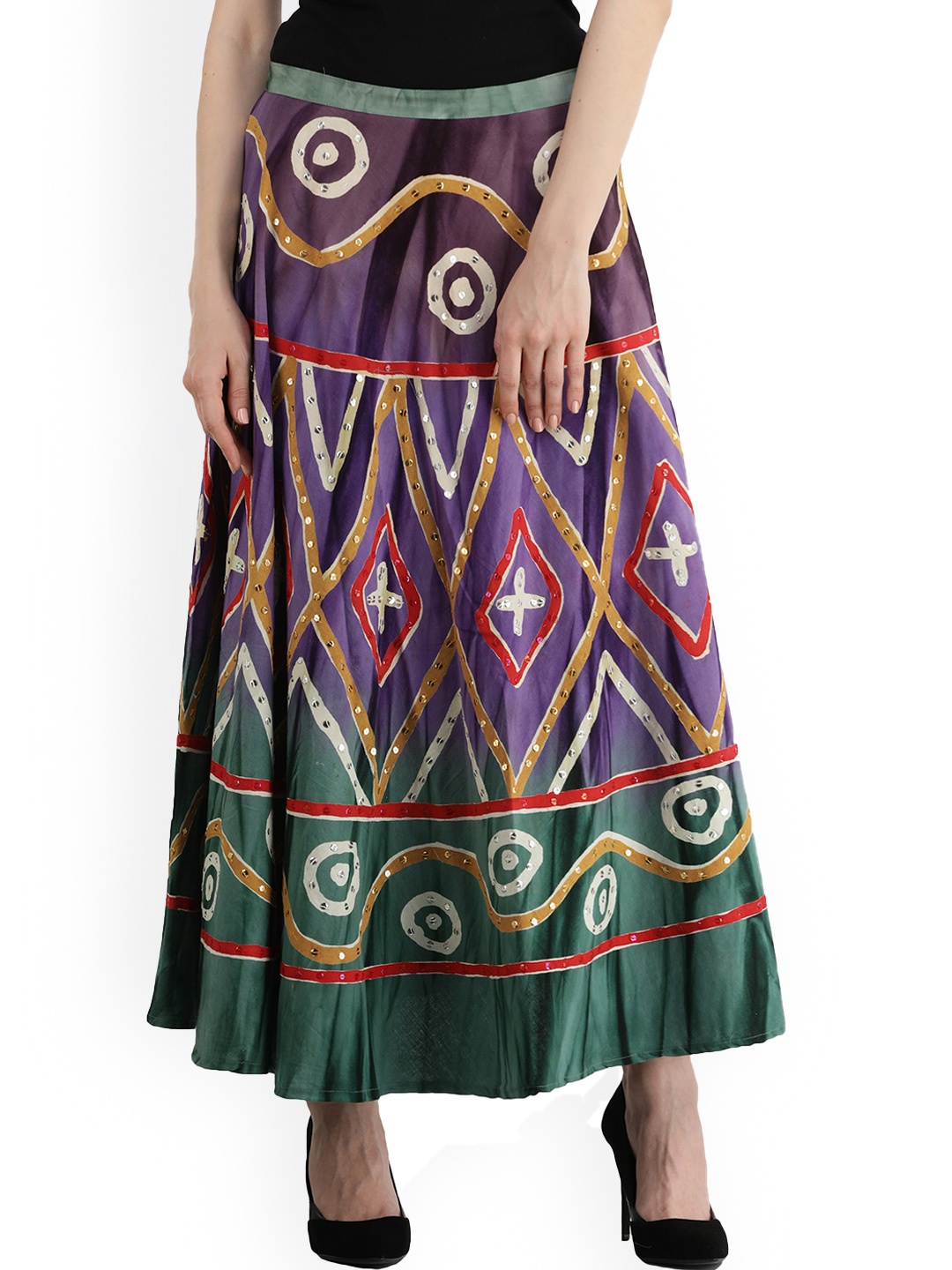 

Exotic India Greenlake Printed Motifs Pure Cotton Long Skirt with Embroidered Sequins, Green