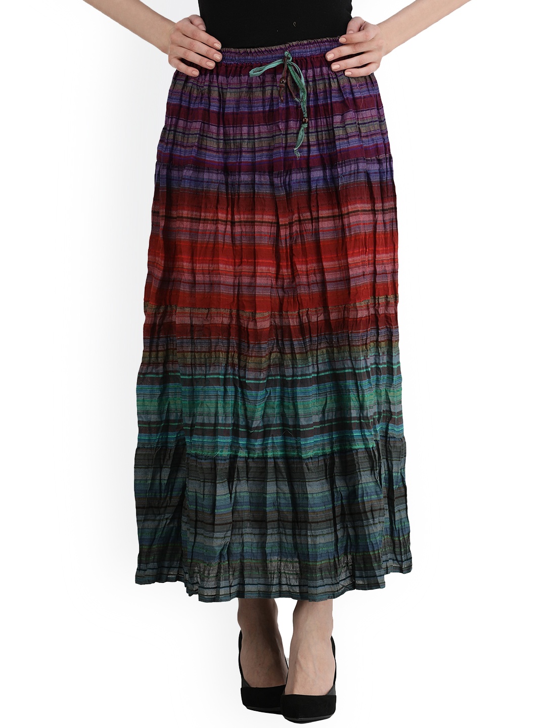 

Exotic India Striped Pure Cotton A-Line Maxi Skirt, Red