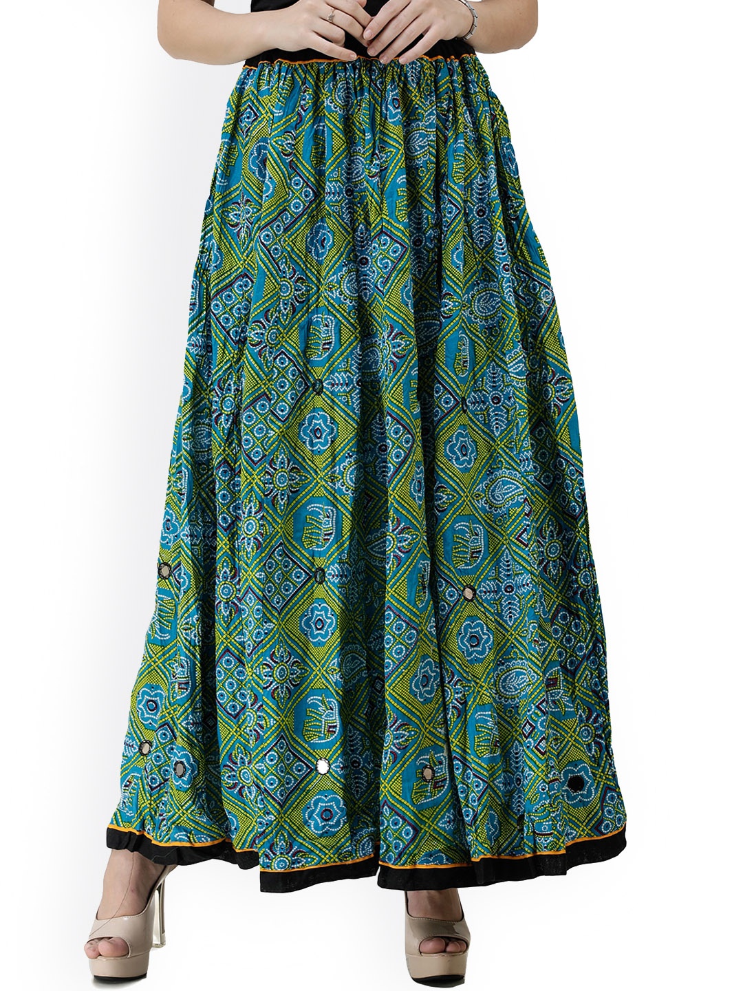 

Exotic India Women Printed Pure Cotton Maxi Skirts, Blue