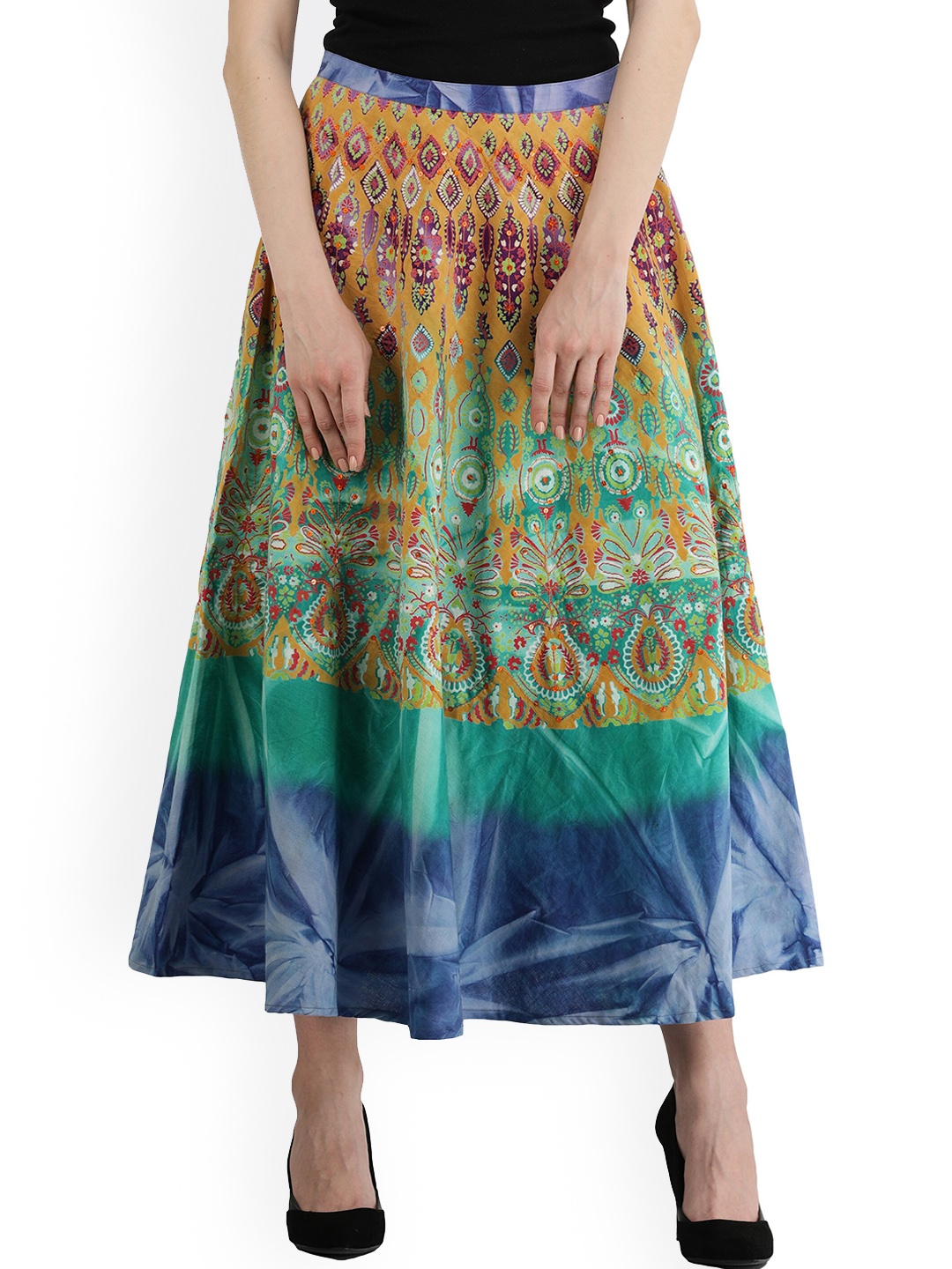 

Exotic India Peacock Green Pure Cotton Printed Motifs Skirt with Embroidered Sequins