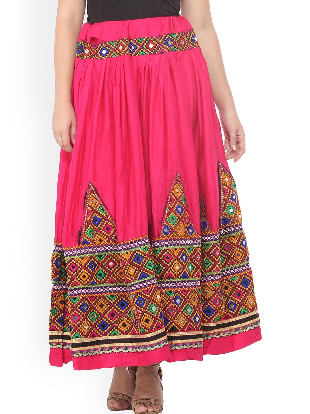 

Exotic India Rasberry Sorbet Ghagra Kutch Skirt with Thread Embroidered Patch and Mirrors, Pink