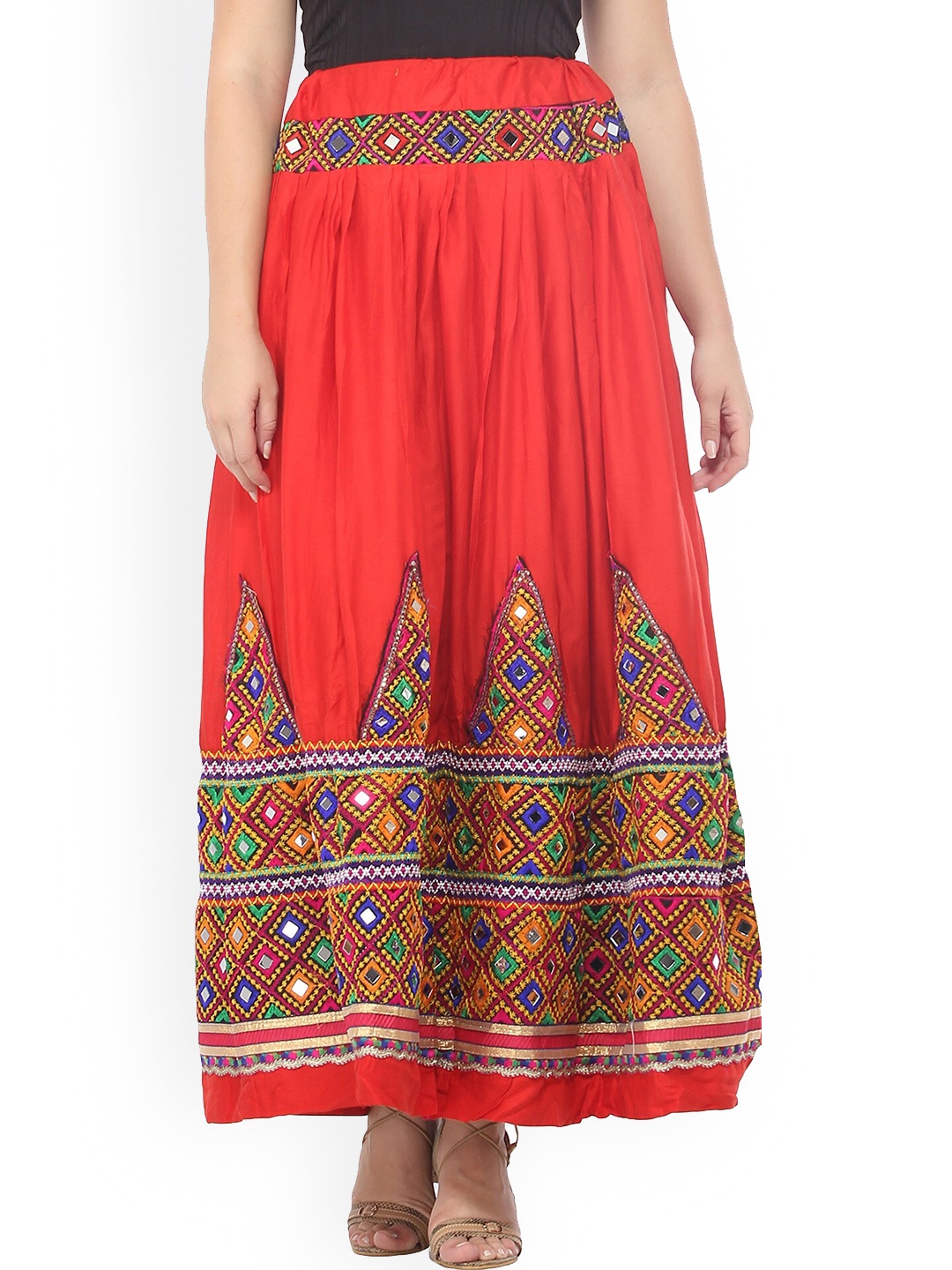 

Exotic India Tomato Red Ghagra Kutch Skirt with Multi Thread Embroidered Patch and Mirrors