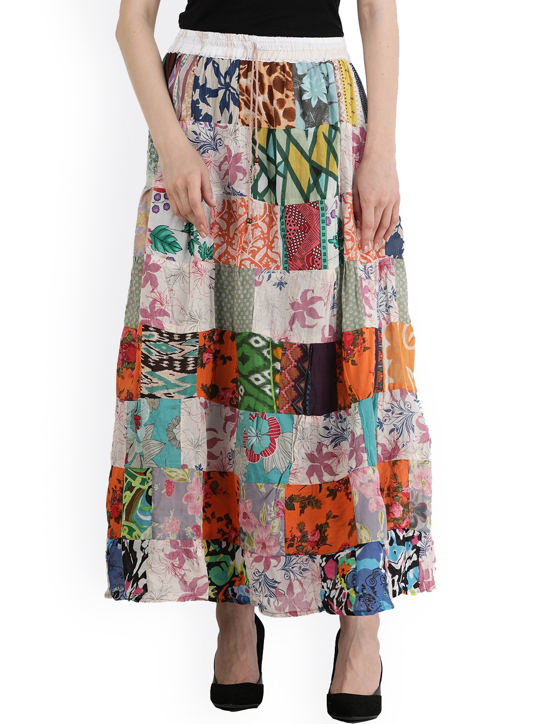 

Exotic India Women Printed Pure Cotton A-Line Maxi Skirt, White