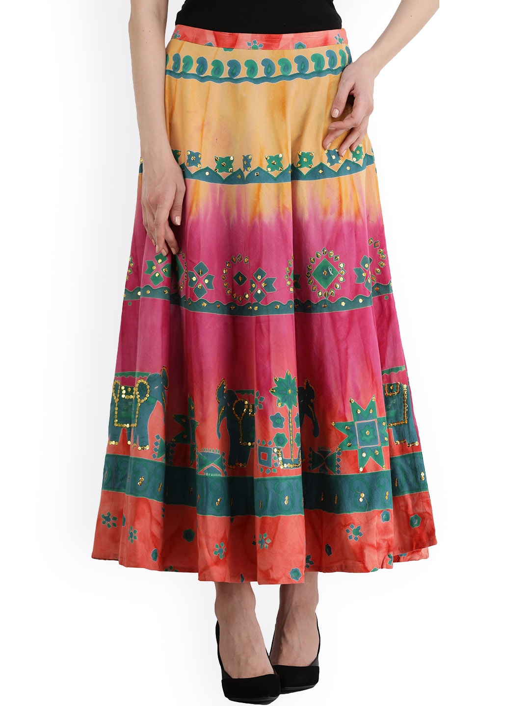 

Exotic India Women Printed Pure Cotton A-Line Maxi Skirt, Pink