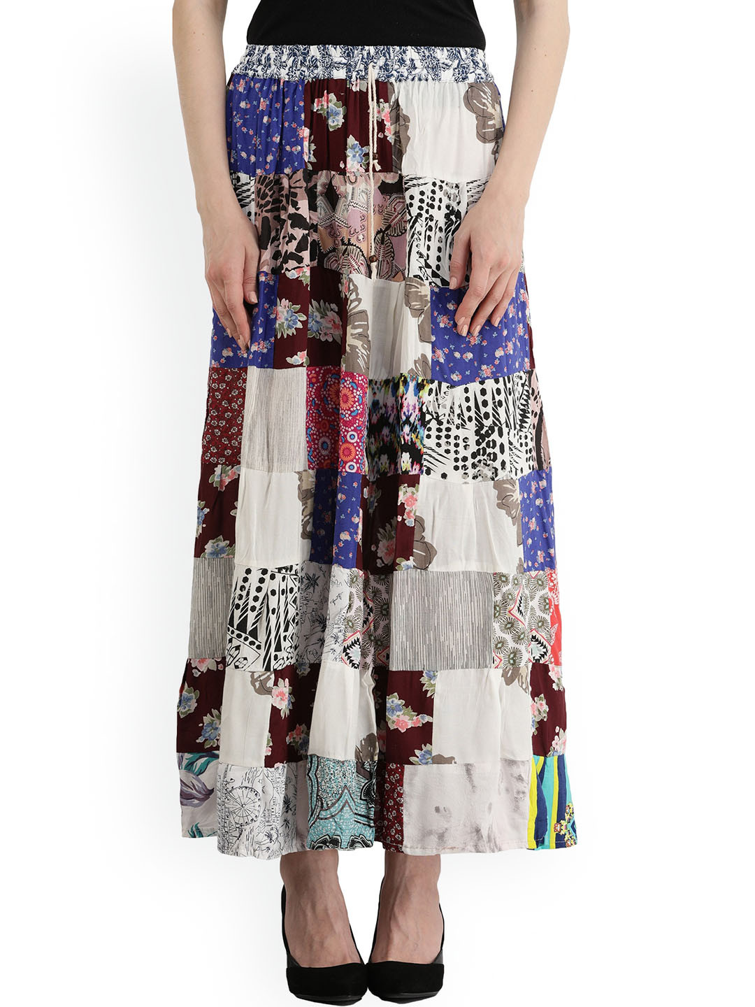 

Exotic India Women Printed Pure Cotton A-Line Maxi Skirts, White