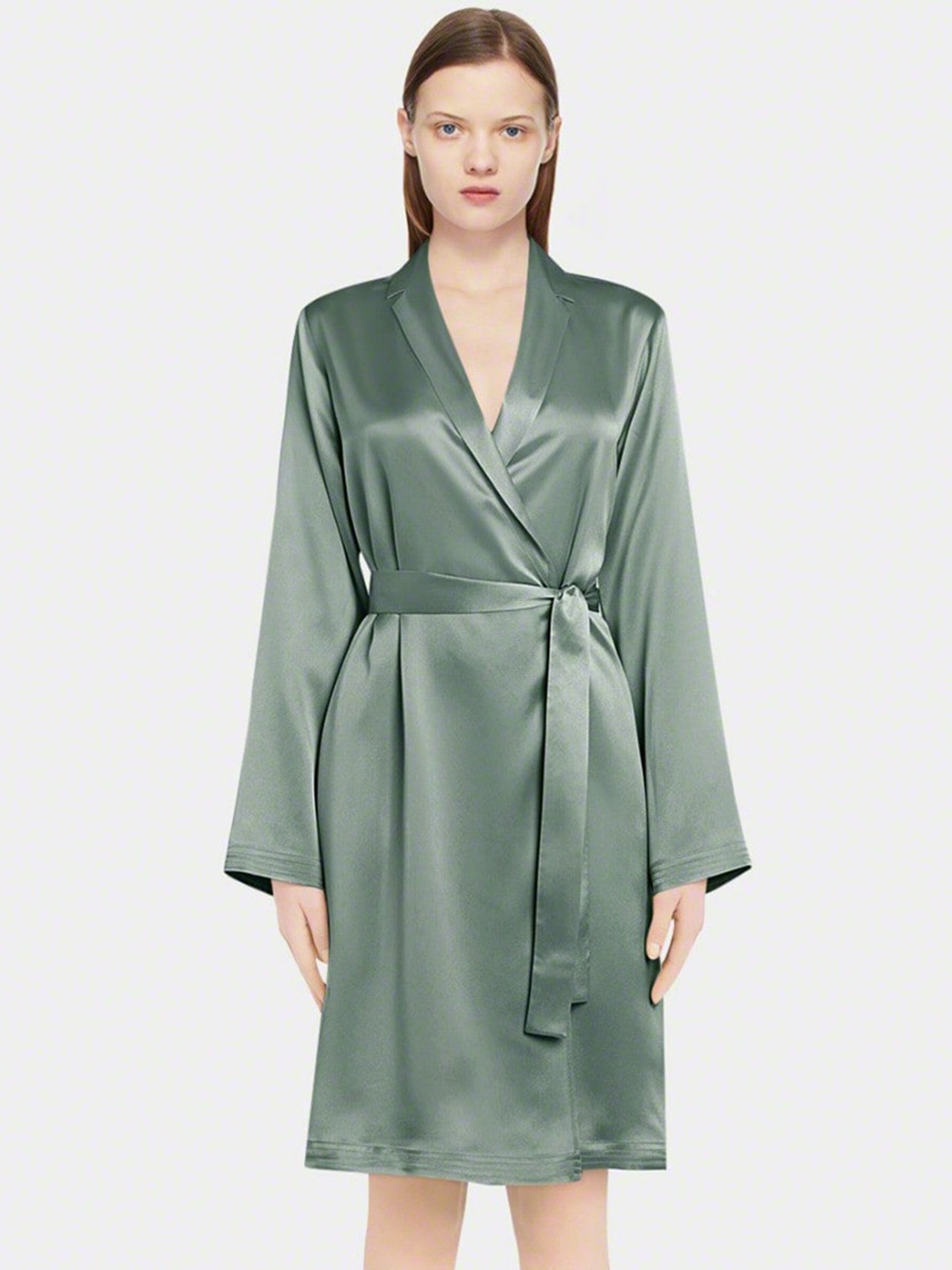 

Bella Babe by SK Notched Lapel Collar Satin Robe With Belt, Olive