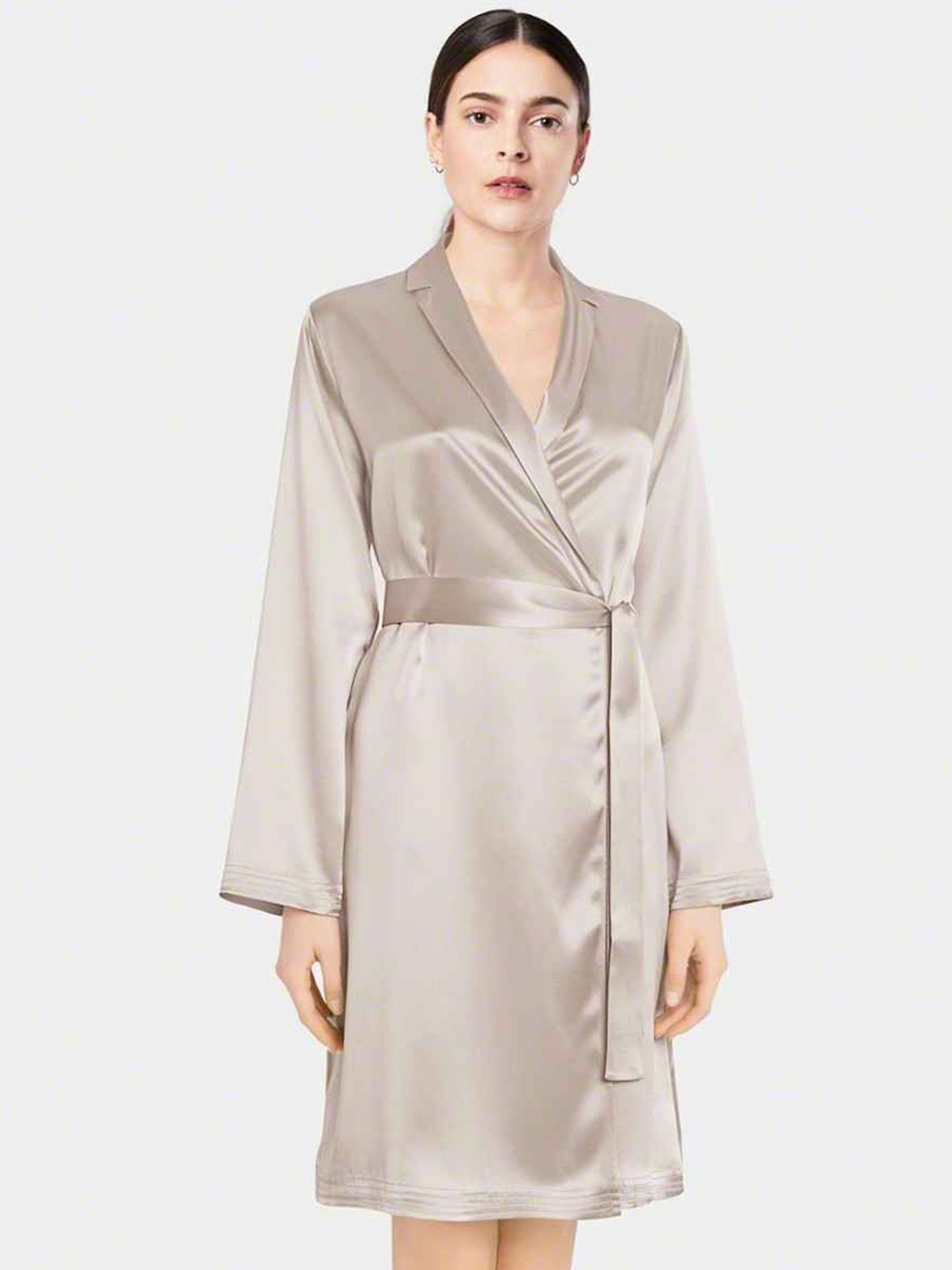 

Bella Babe by SK Notched Lapel Collar Satin Robe With Belt, Beige