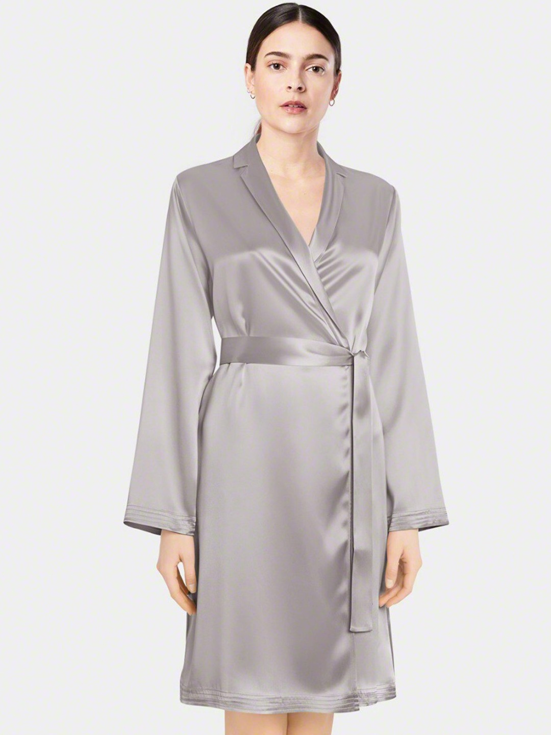

Bella Babe by SK Satin Long Sleeved Short Robe With Belt, Silver