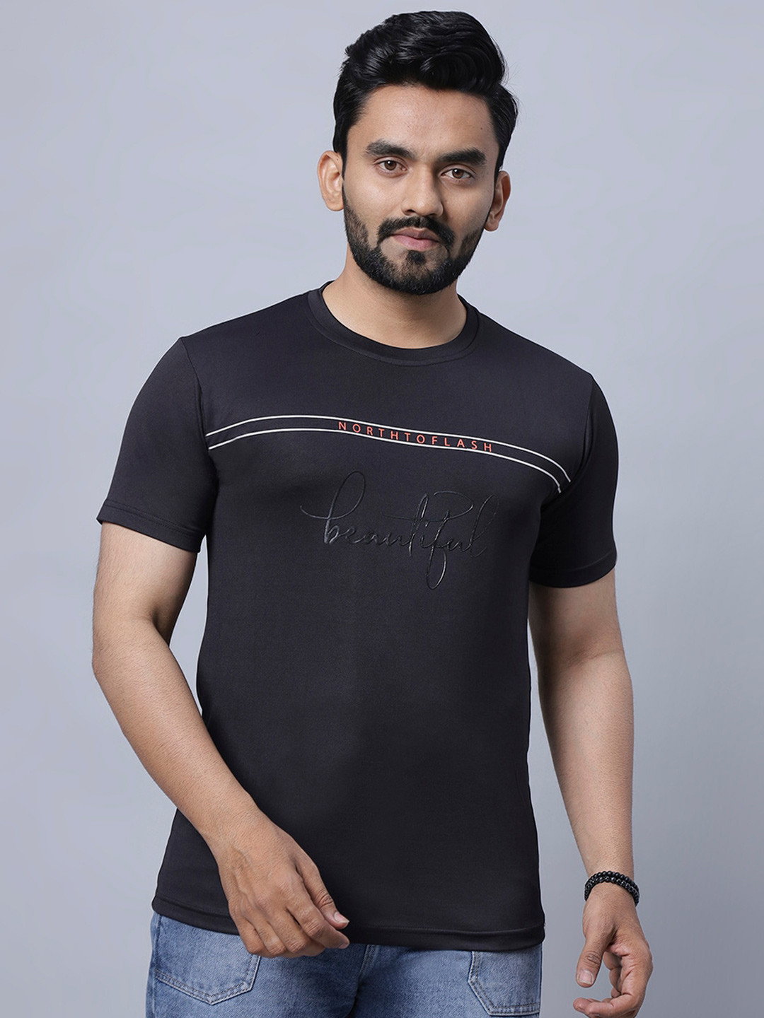

N AND J Typography Printed Round Neck Cotton Casual T-shirt, Black