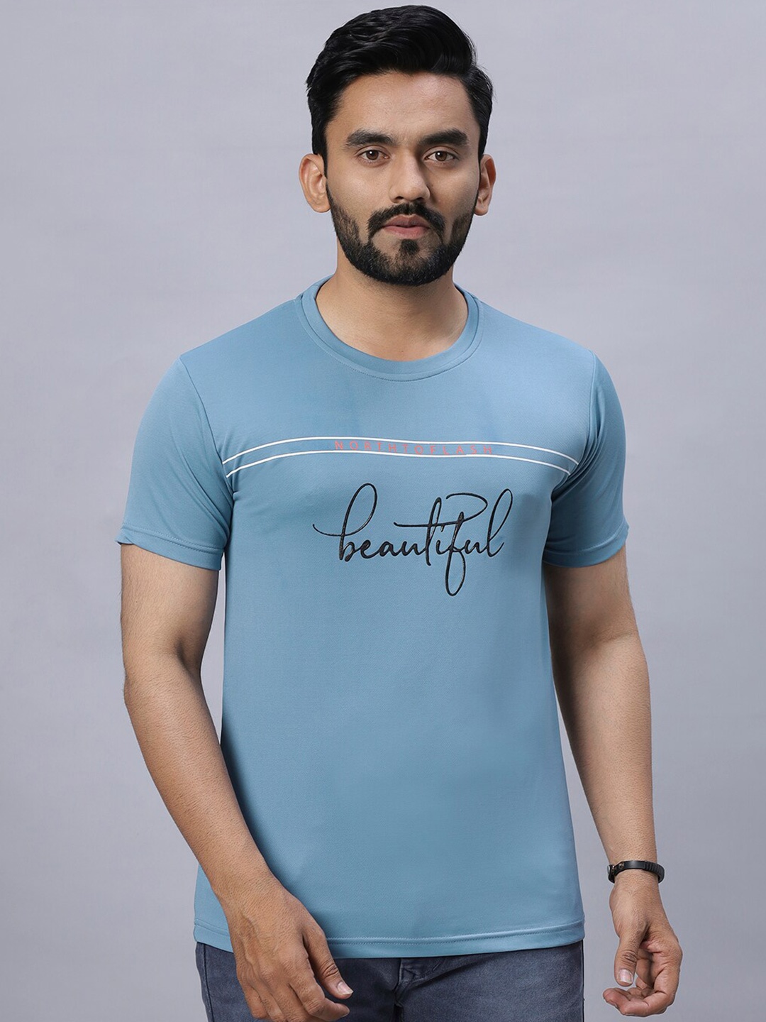 

N AND J Typography Printed Round Neck Short Sleeves Cotton Raw Edge T-shirt, Grey