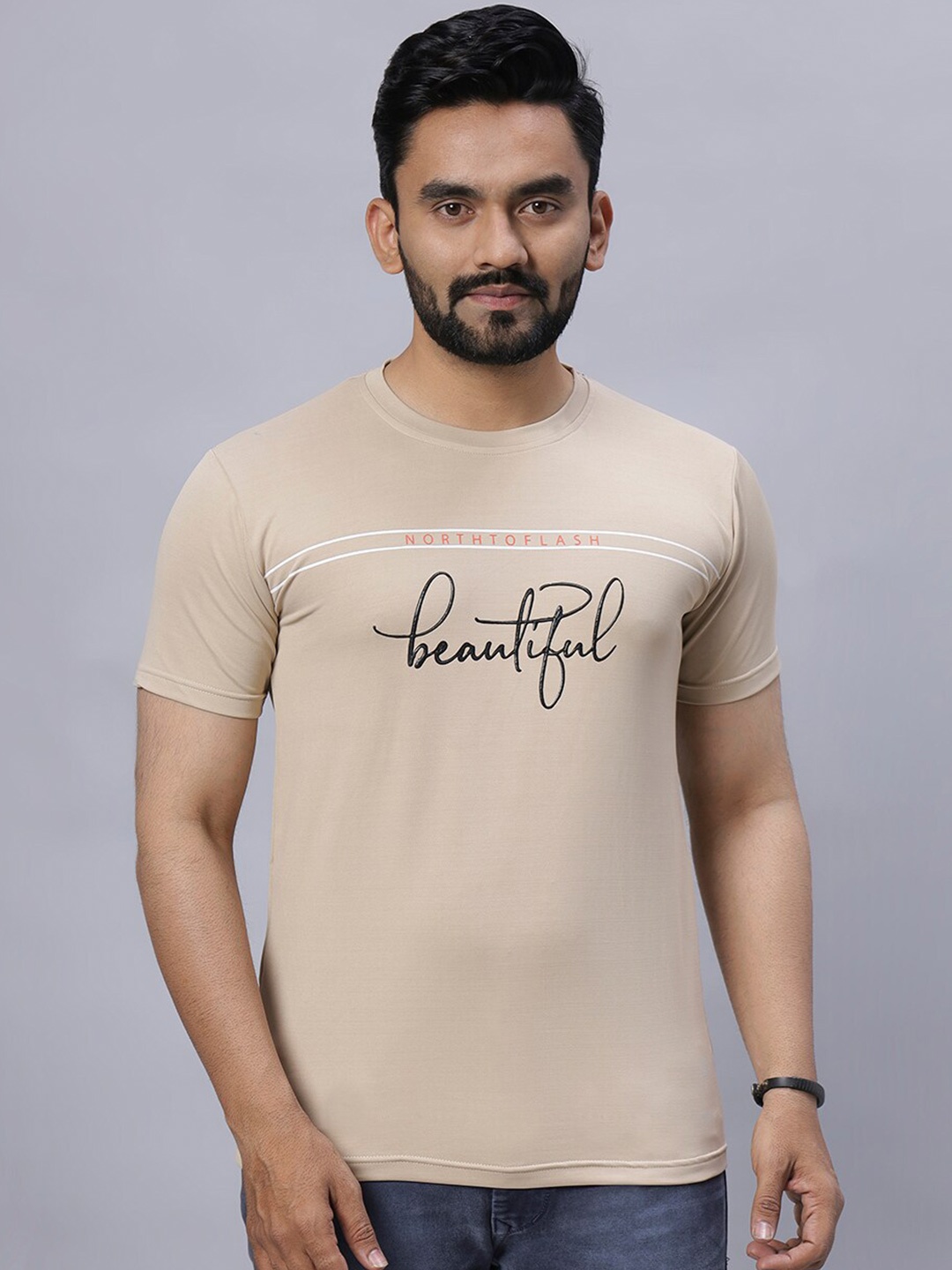 

N AND J Typography Printed Round Neck Cotton Casual T-shirt, Brown