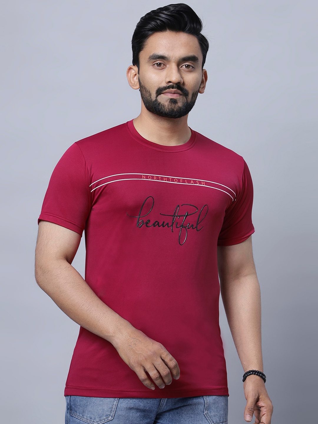 

N AND J Typography Printed Round Neck Cotton T-shirt, Maroon