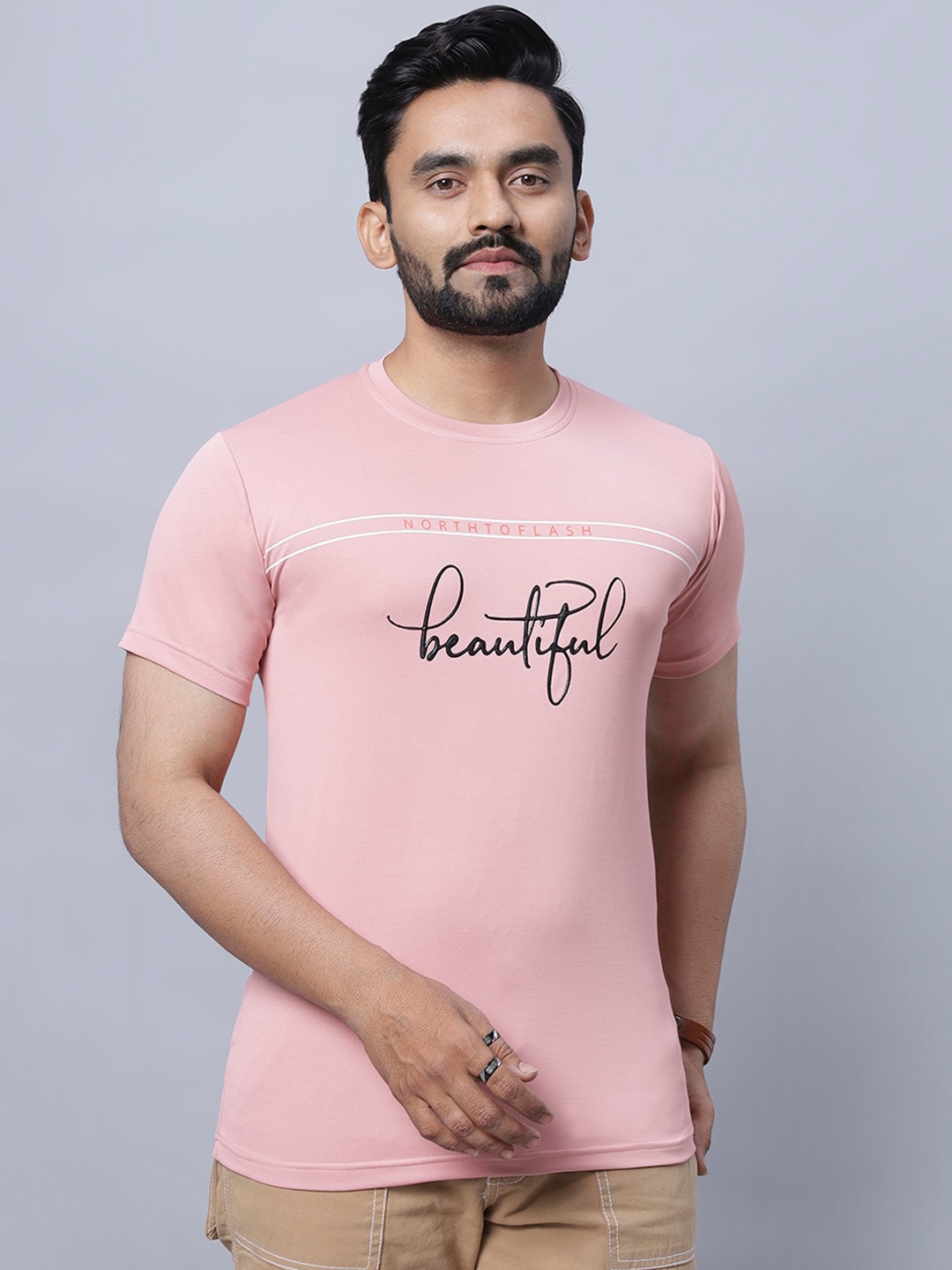 

N AND J Typography Printed Round Neck Cotton T-shirt, Peach