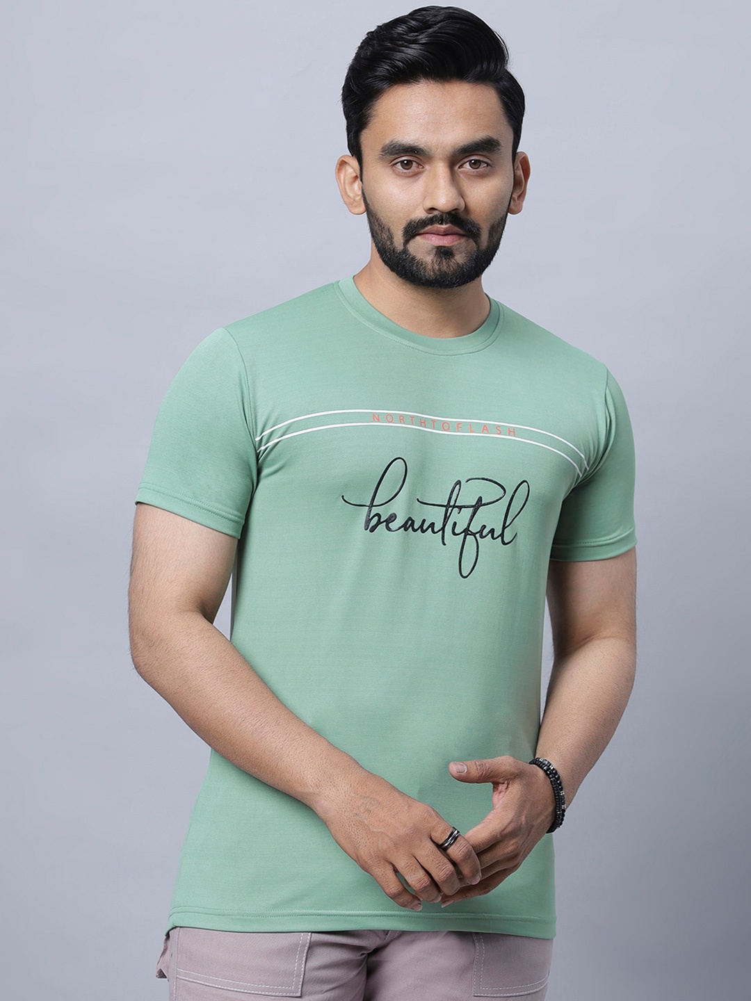 N AND J Typography Printed Round Neck Cotton T-shirt, Green