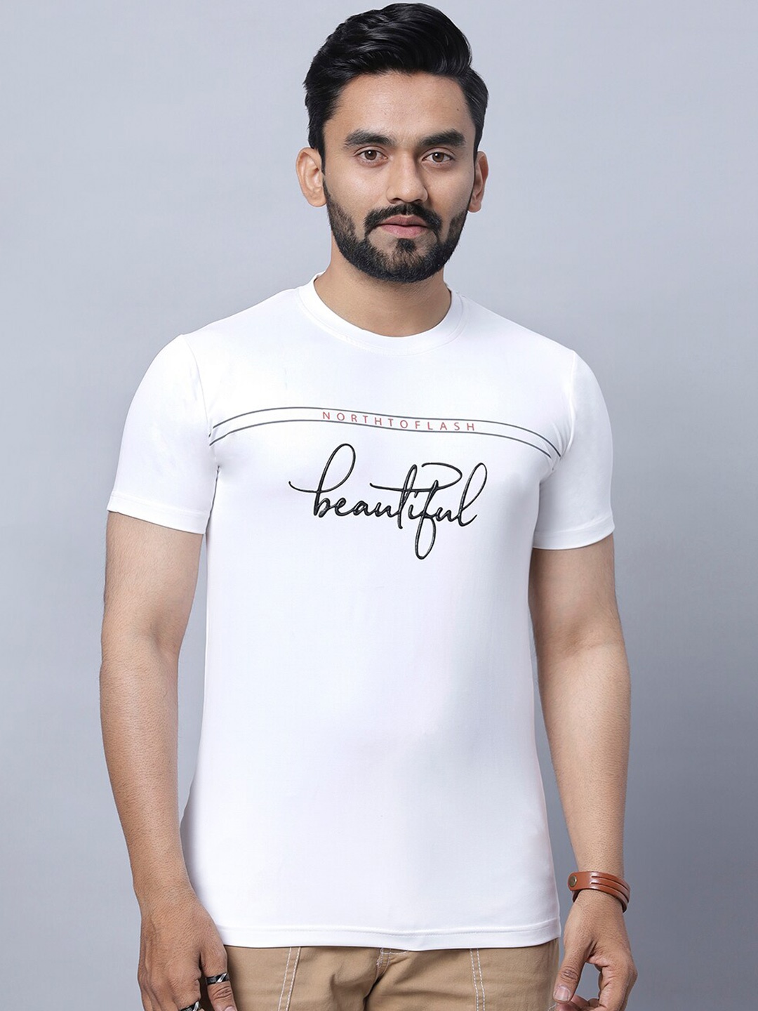 

N AND J Typography Printed Round Neck Cotton T-shirt, White