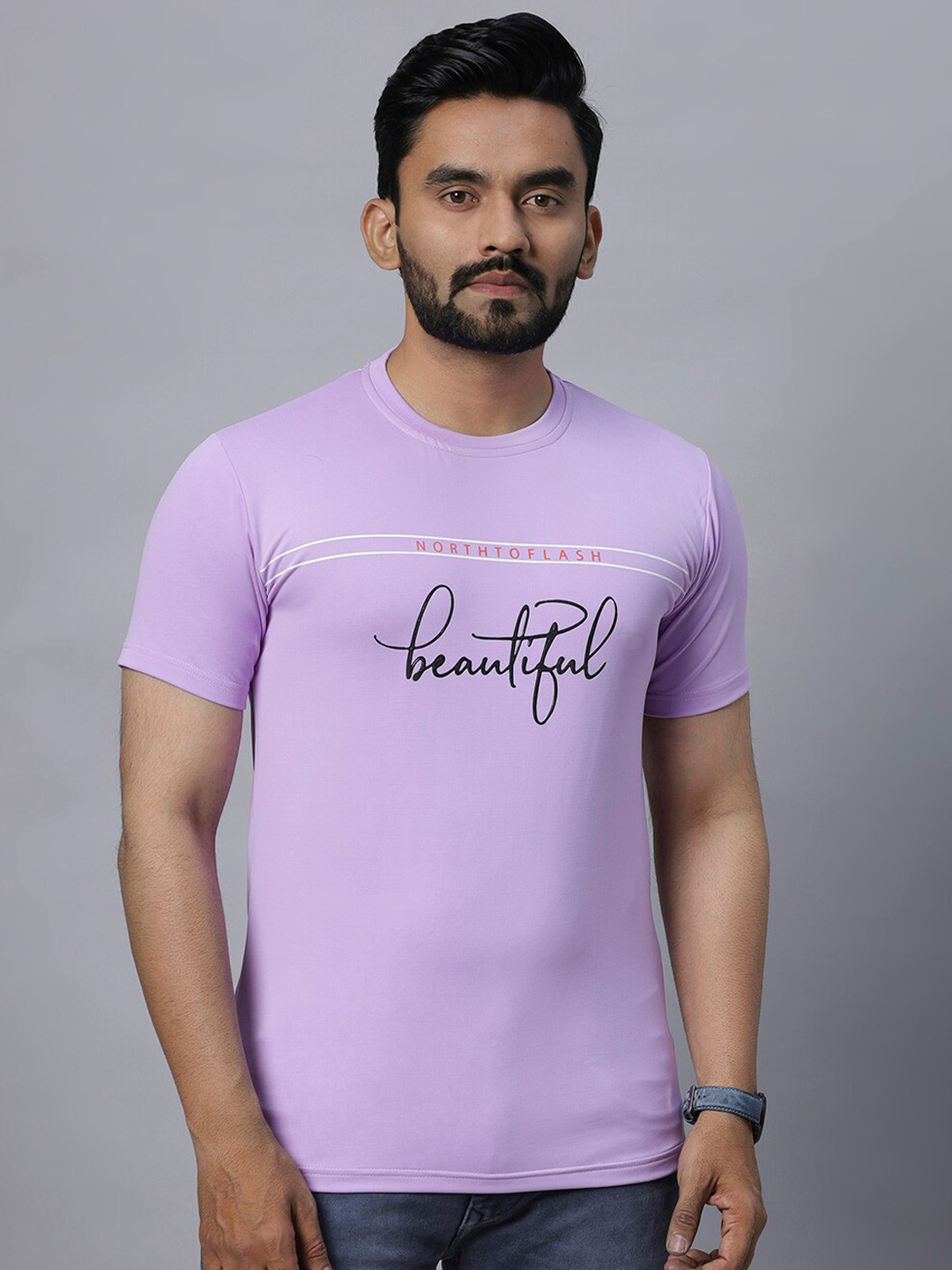 

N AND J Typography Printed Round Neck Cotton T-shirt, Lavender