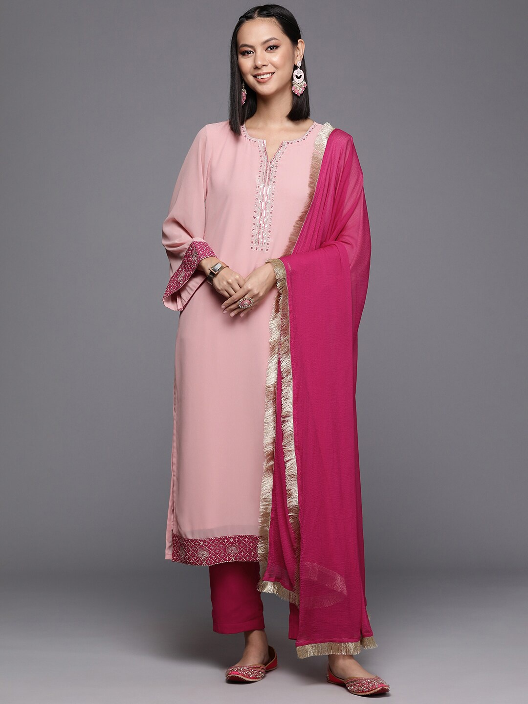 

Varanga Ethnic Motifs Embroidered Regular Silk Georgette Kurta with Trousers & Dupatta, Pink