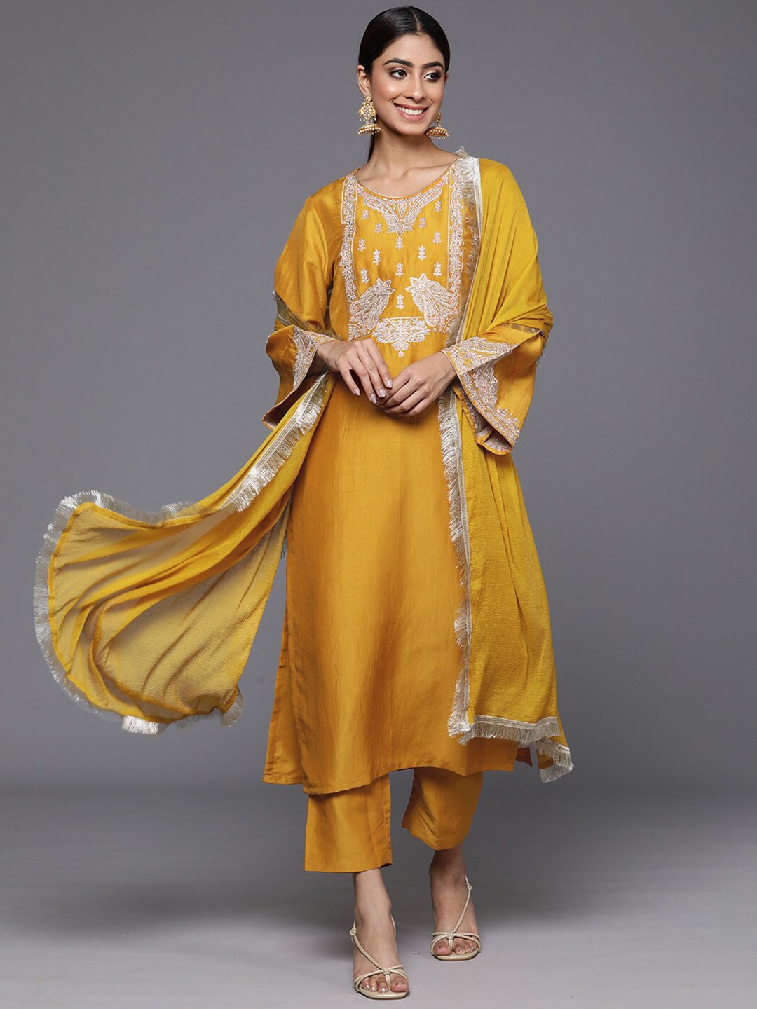 

Varanga Floral Embroidered Regular Kurta with Trousers & With Dupatta, Mustard
