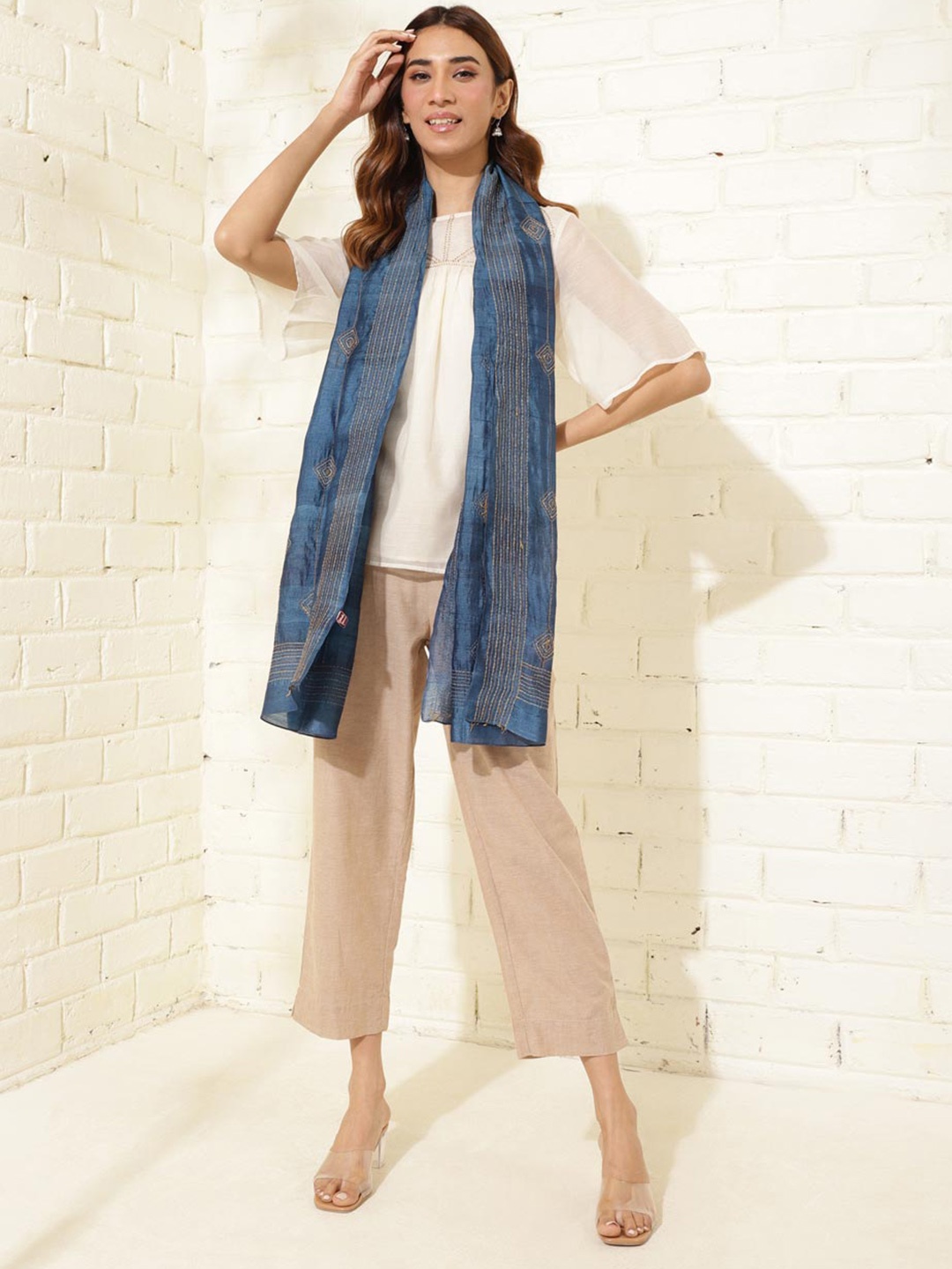 

Fabindia Geometric Embroidered Stole, Blue