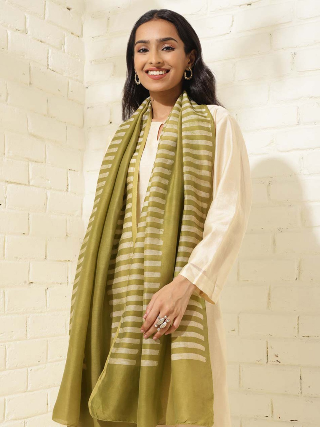 

Fabindia Striped Batik Stole, Olive