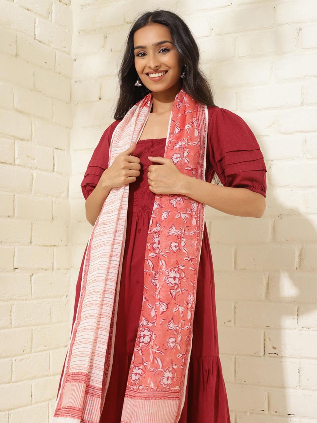 

Fabindia Hand Block Printed Linen Stole, Peach