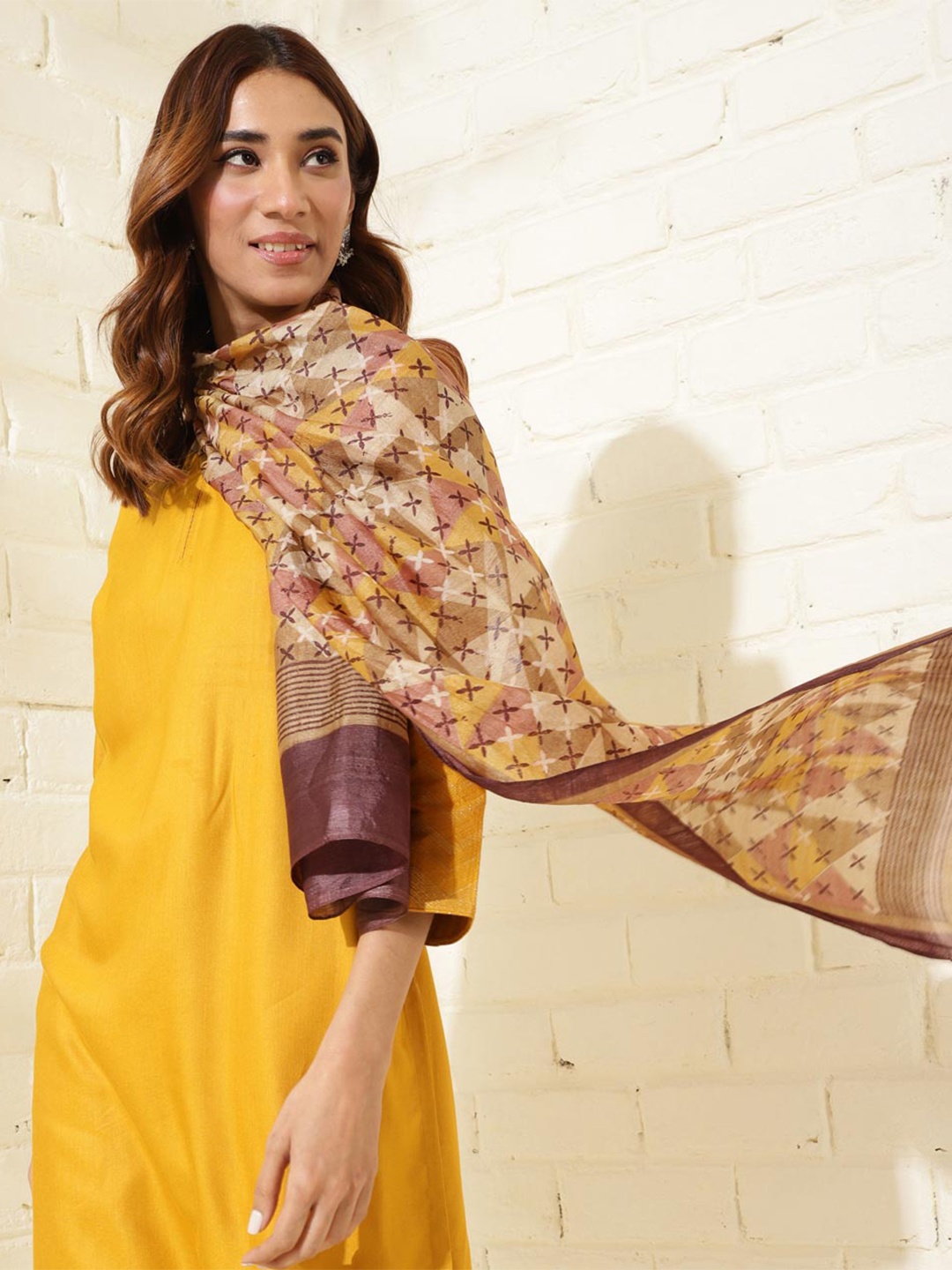 

Fabindia Ethnic Motifs Printed Silk Stole, Mustard