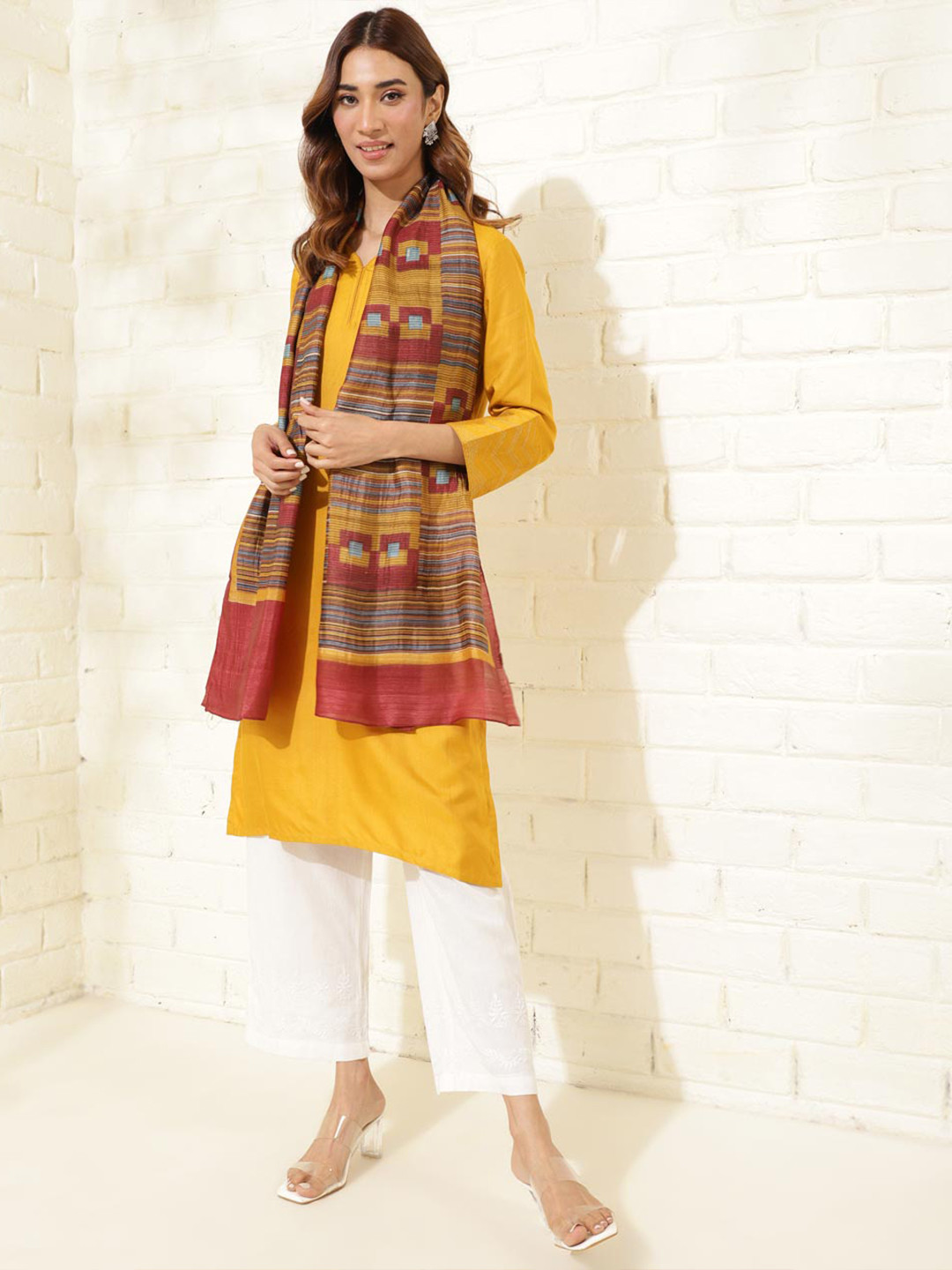 

Fabindia Geometric Printed Silk Stole, Mustard
