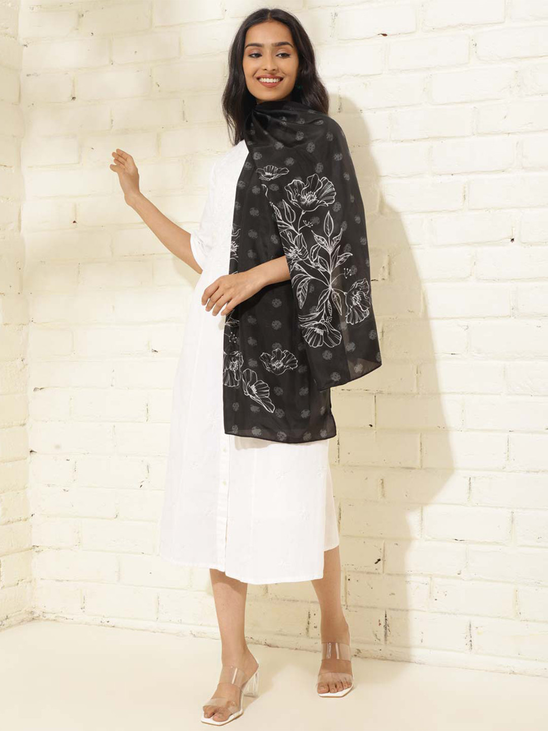 

Fabindia Floral Printed Silk Stole, Black