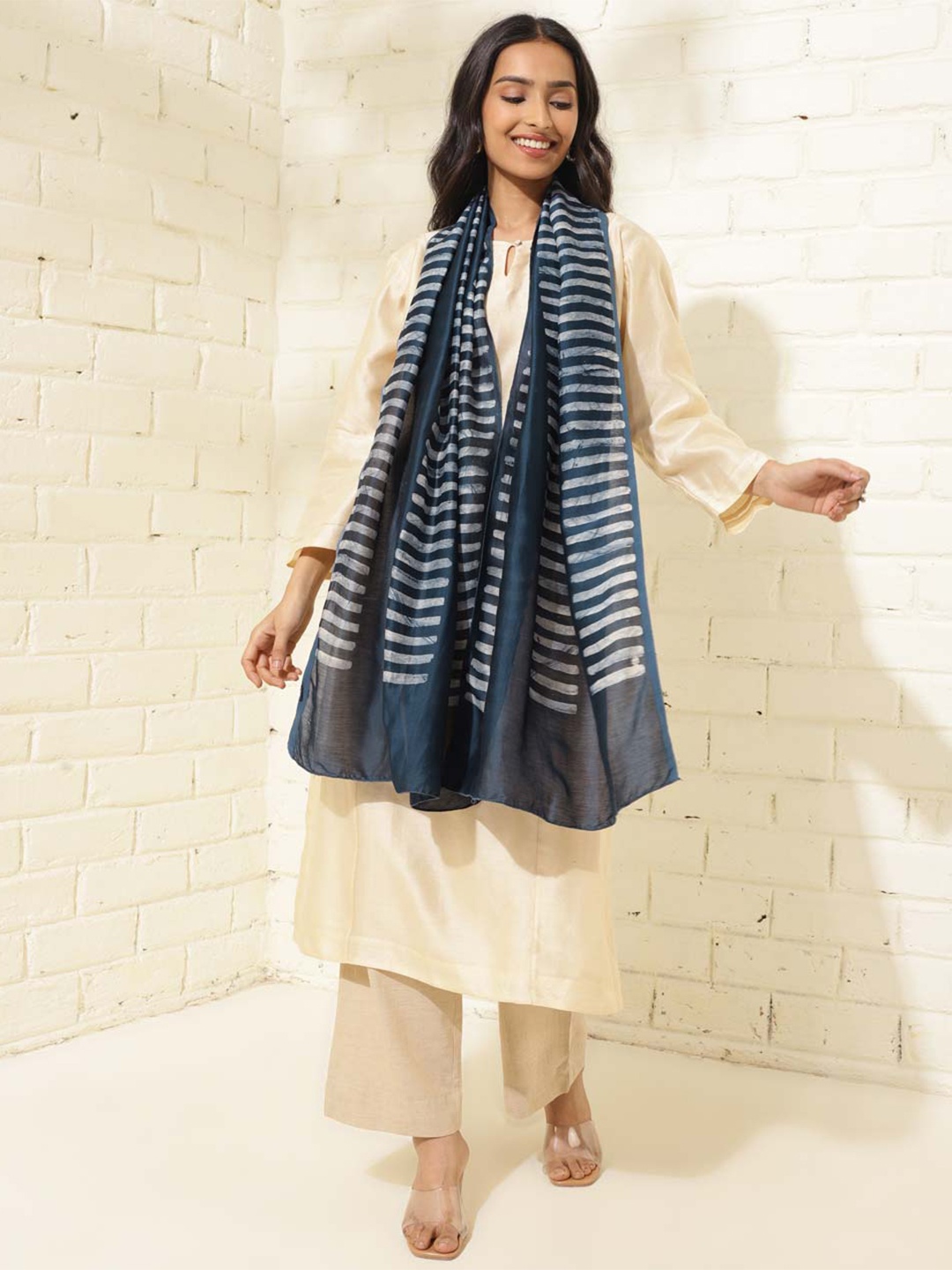 

Fabindia Striped Cotton & Silk Stole, Blue